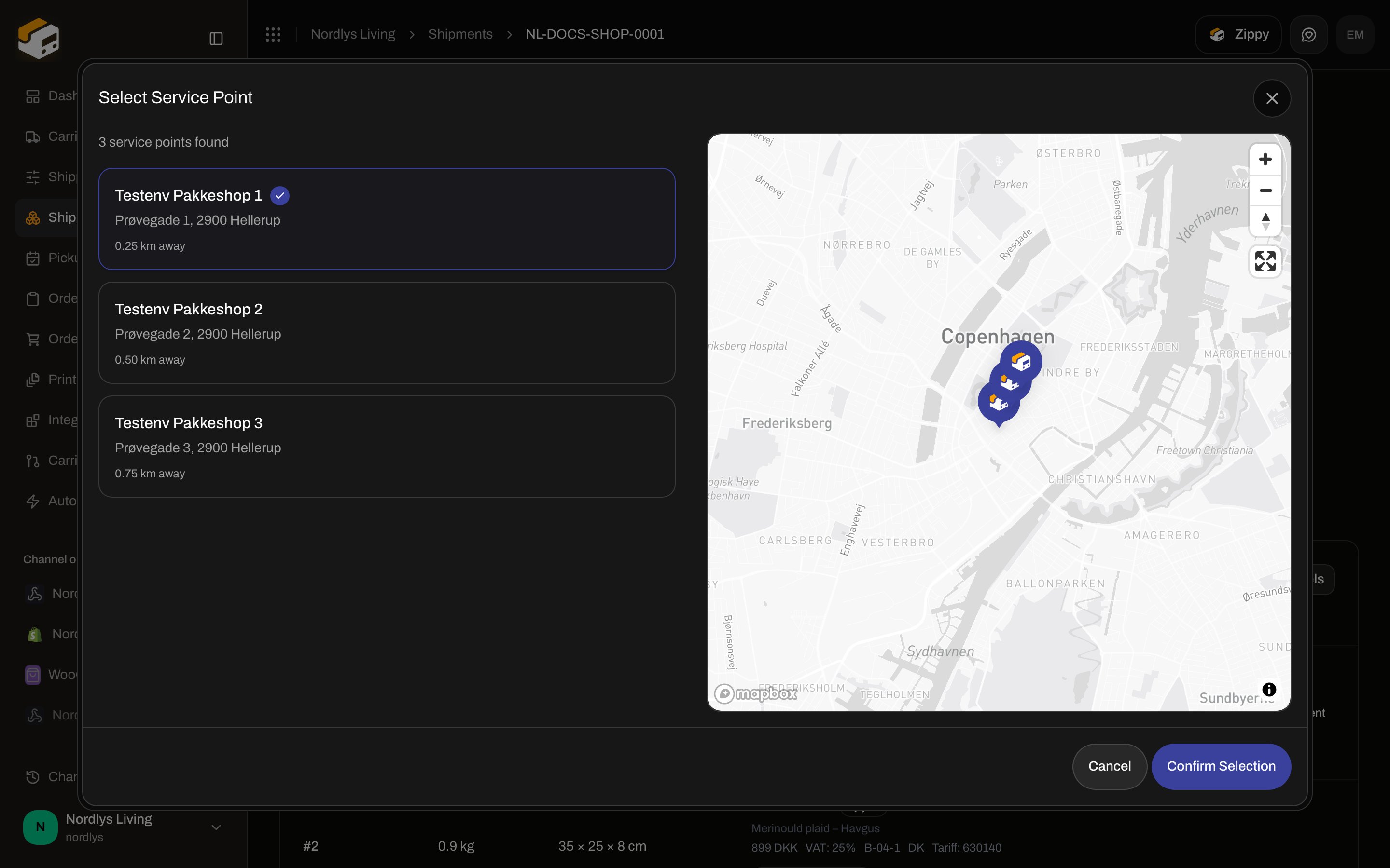 Select Service Point modal opened from shipment Addresses to change the droppoint