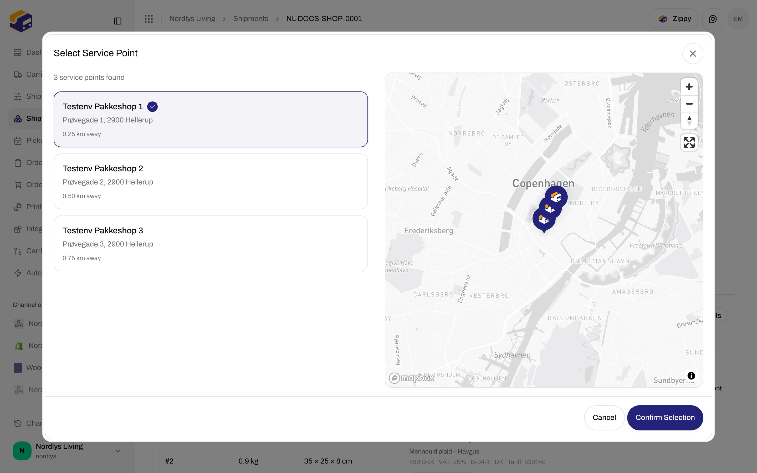 Select Service Point modal opened from shipment Addresses to change the droppoint
