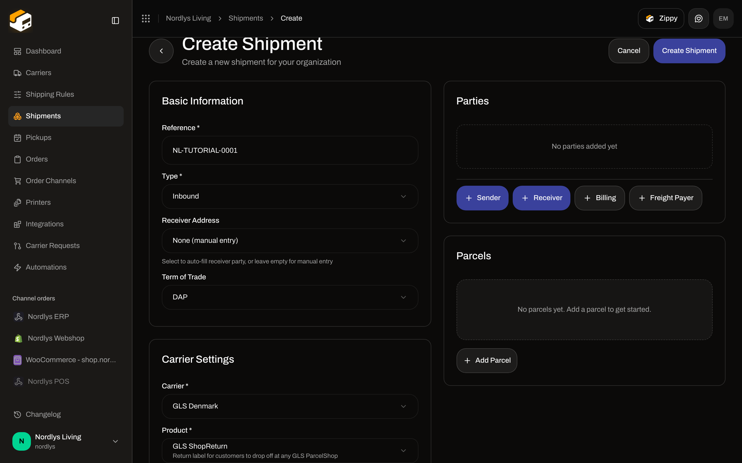 Create Shipment Type Inbound with GLS ShopReturn selected and Carrier Settings visible without Drop Point