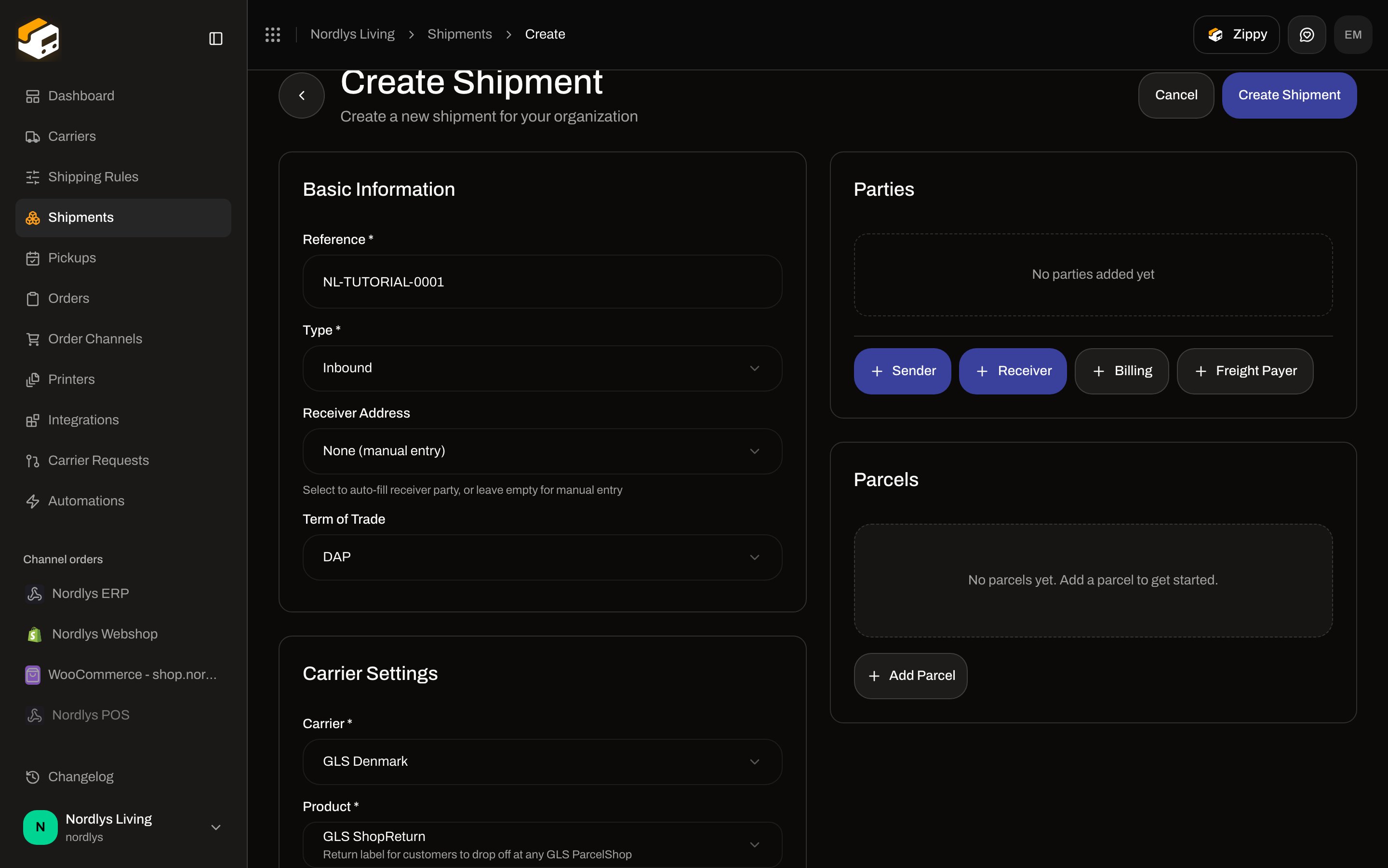 Create Shipment Type Inbound with GLS ShopReturn selected and Carrier Settings visible without Drop Point