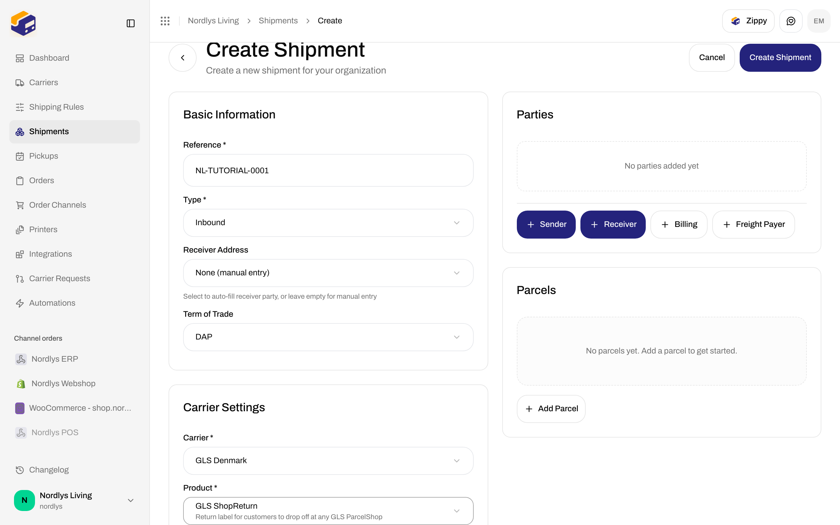 Create Shipment Type Inbound with GLS ShopReturn selected and Carrier Settings visible without Drop Point