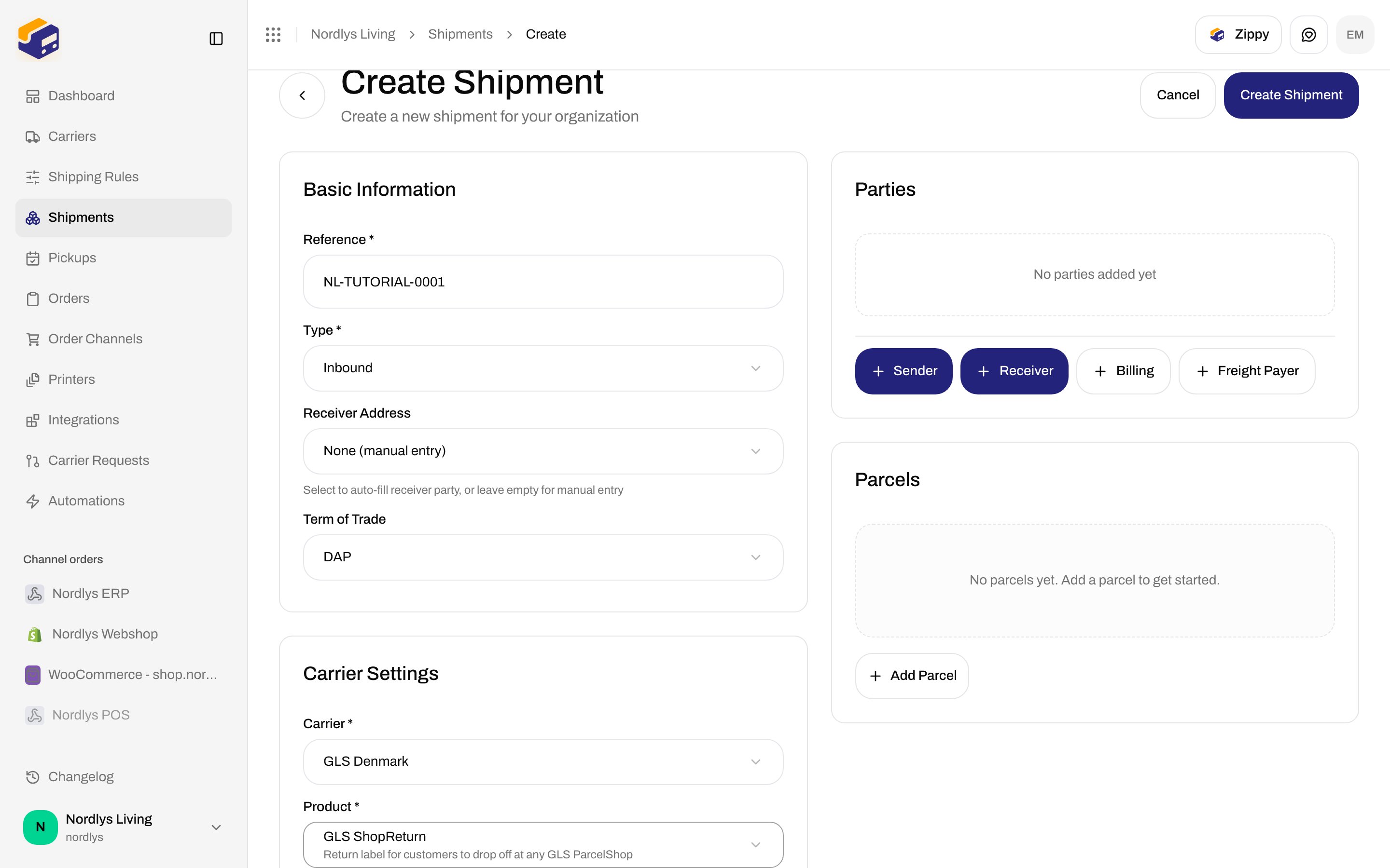 Create Shipment Type Inbound with GLS ShopReturn selected and Carrier Settings visible without Drop Point