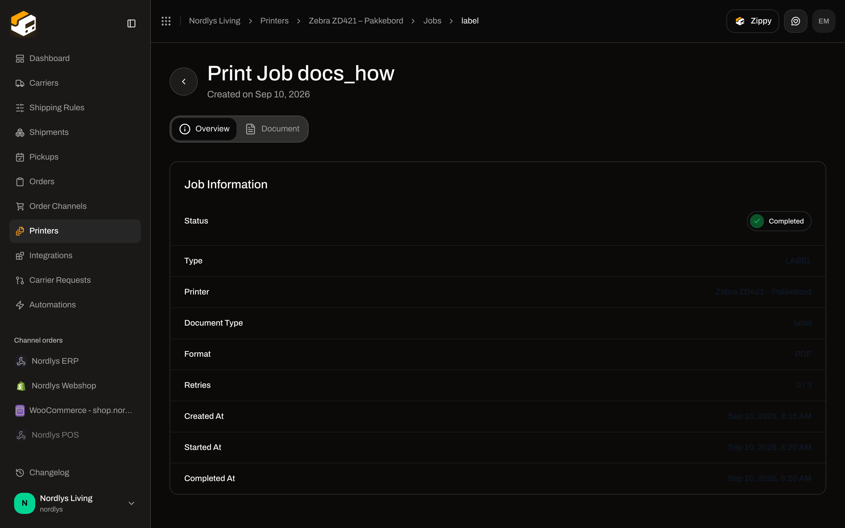 Print job detail Overview with Job Information rows for status, type, printer, and format