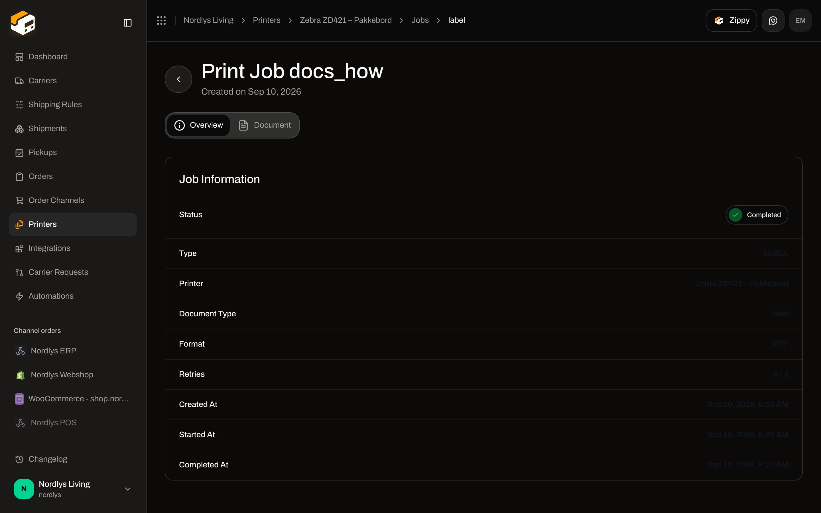 Print job detail Overview with Job Information rows for status, type, printer, and format