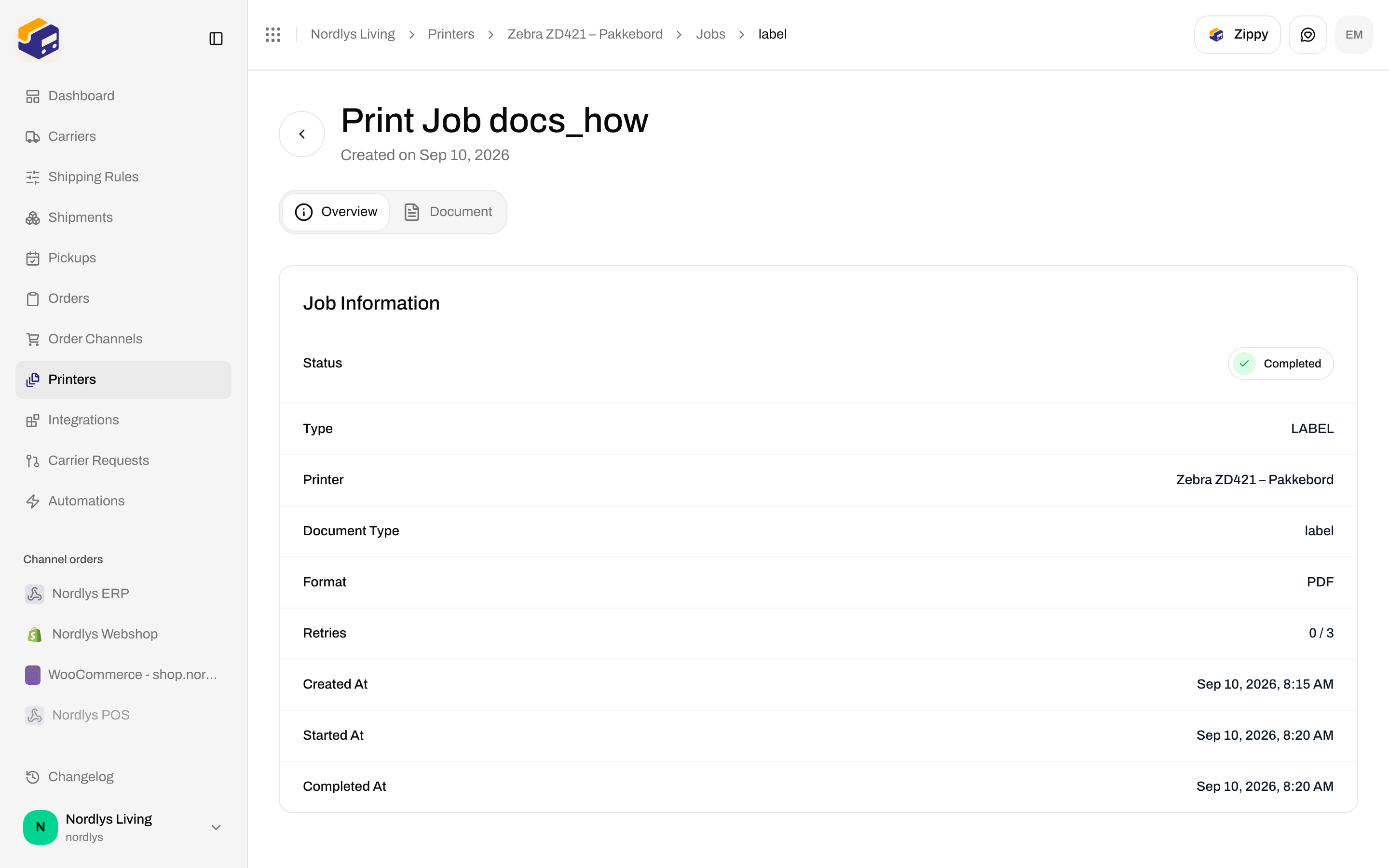 Print job detail Overview with Job Information rows for status, type, printer, and format