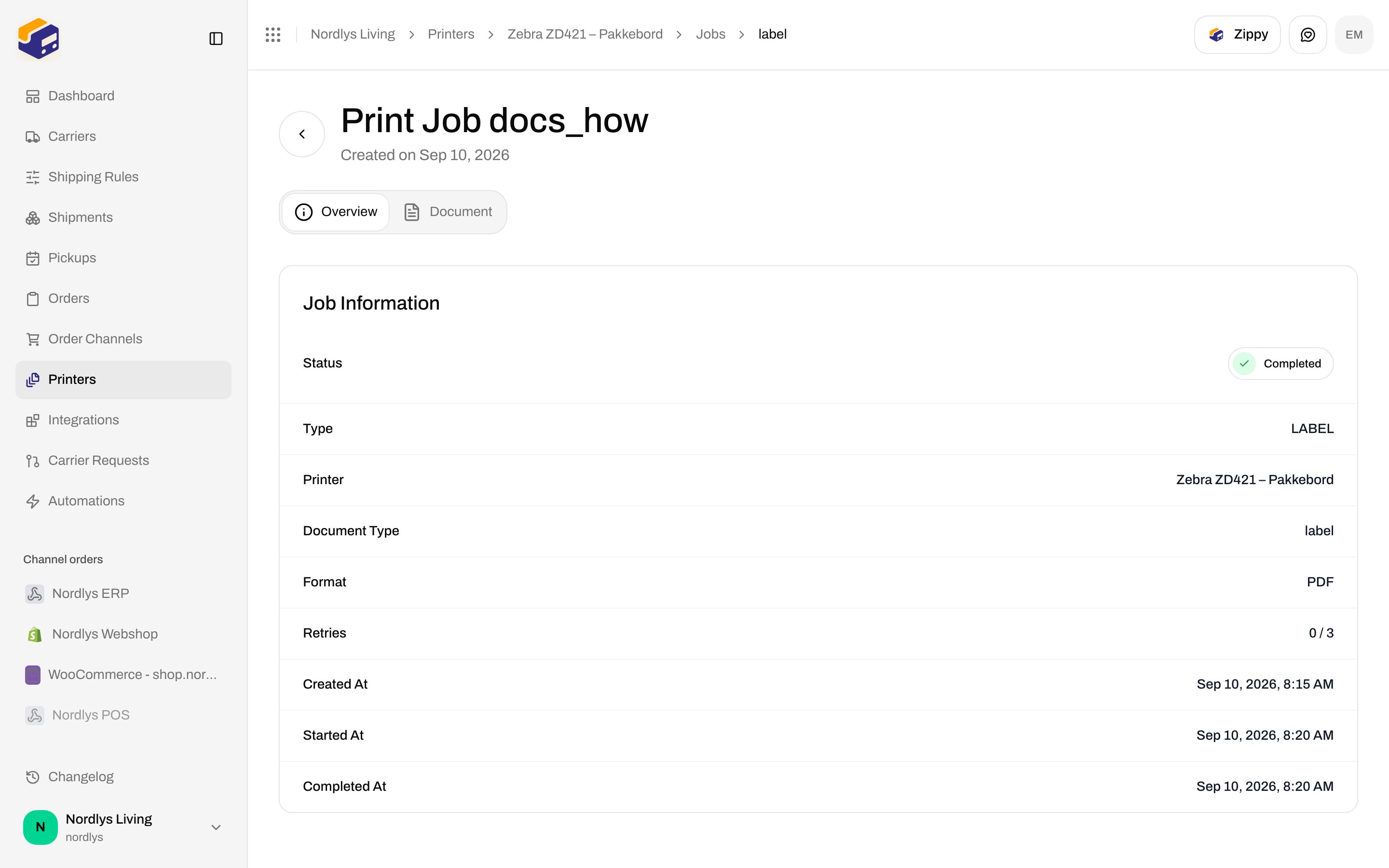 Print job detail Overview with Job Information rows for status, type, printer, and format
