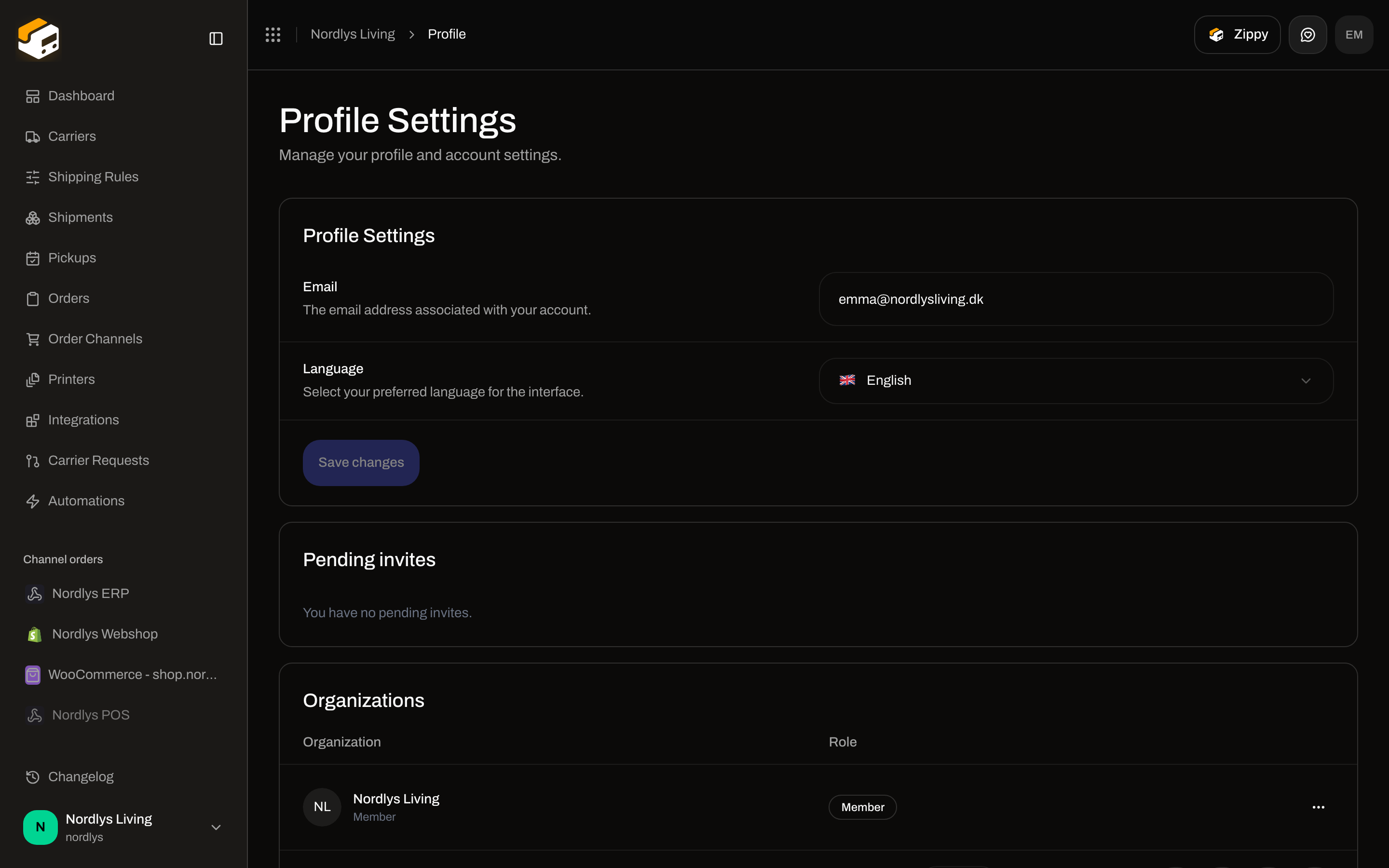 Profile Settings with Email, Language, and Save changes
