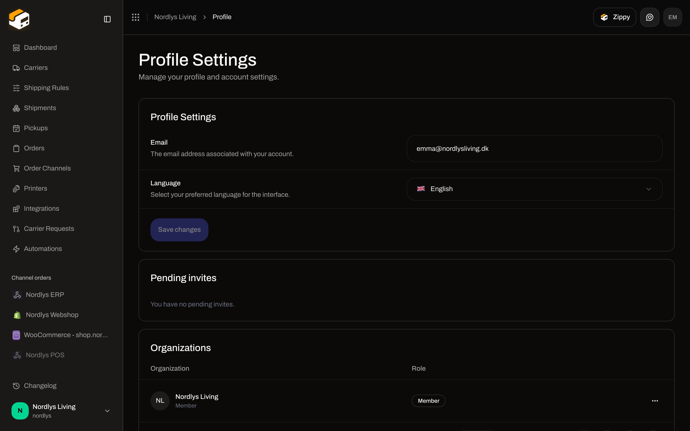 Profile Settings with Email, Language, and Save changes