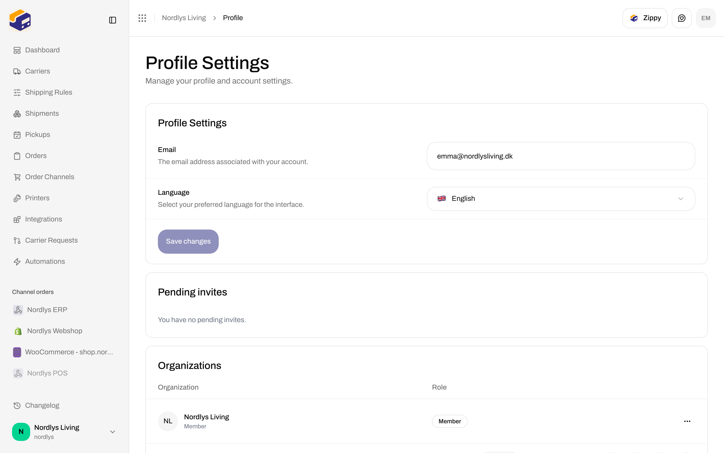 Profile Settings with Email, Language, and Save changes