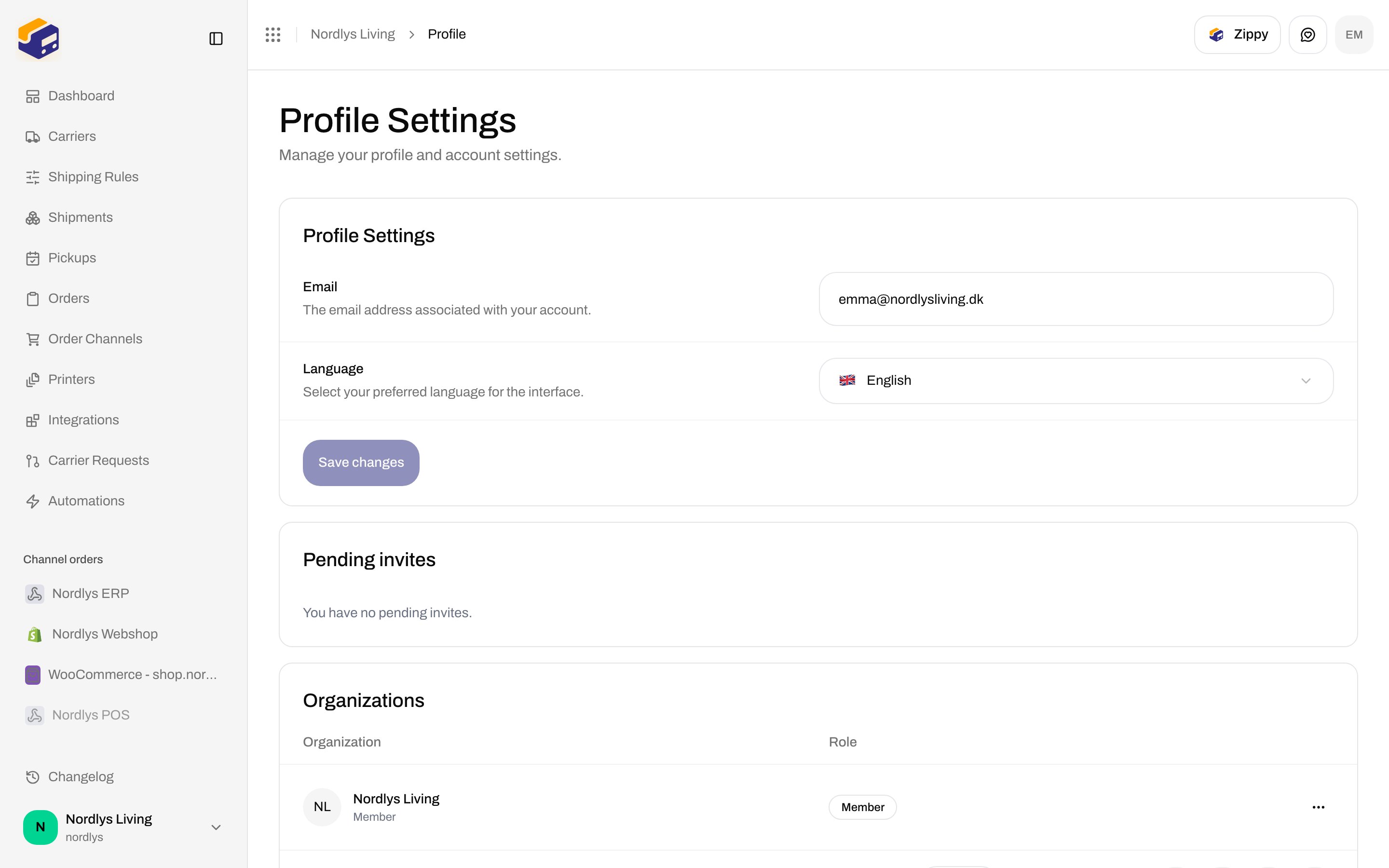 Profile Settings with Email, Language, and Save changes