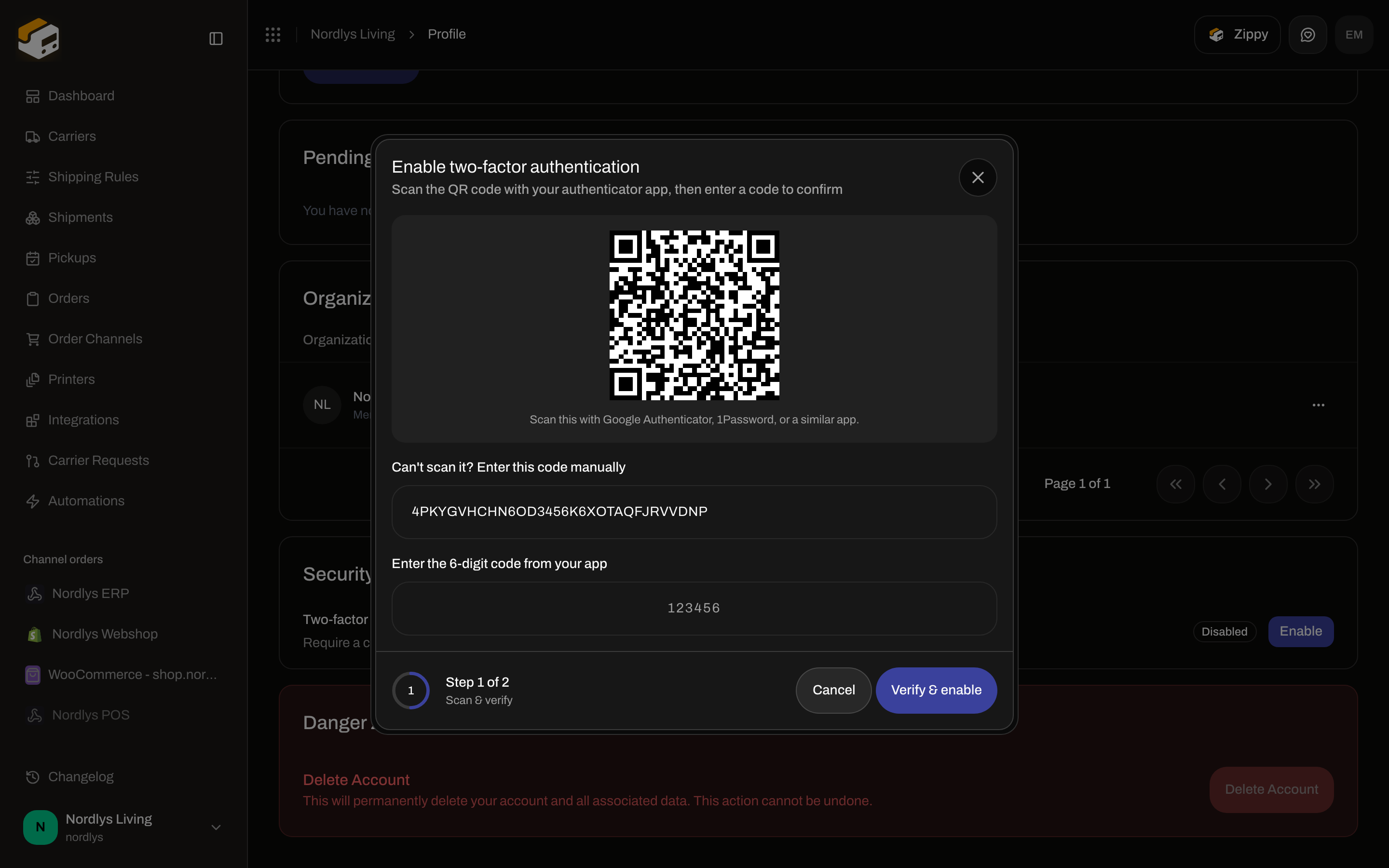 Enable two-factor authentication modal with QR code and verification field
