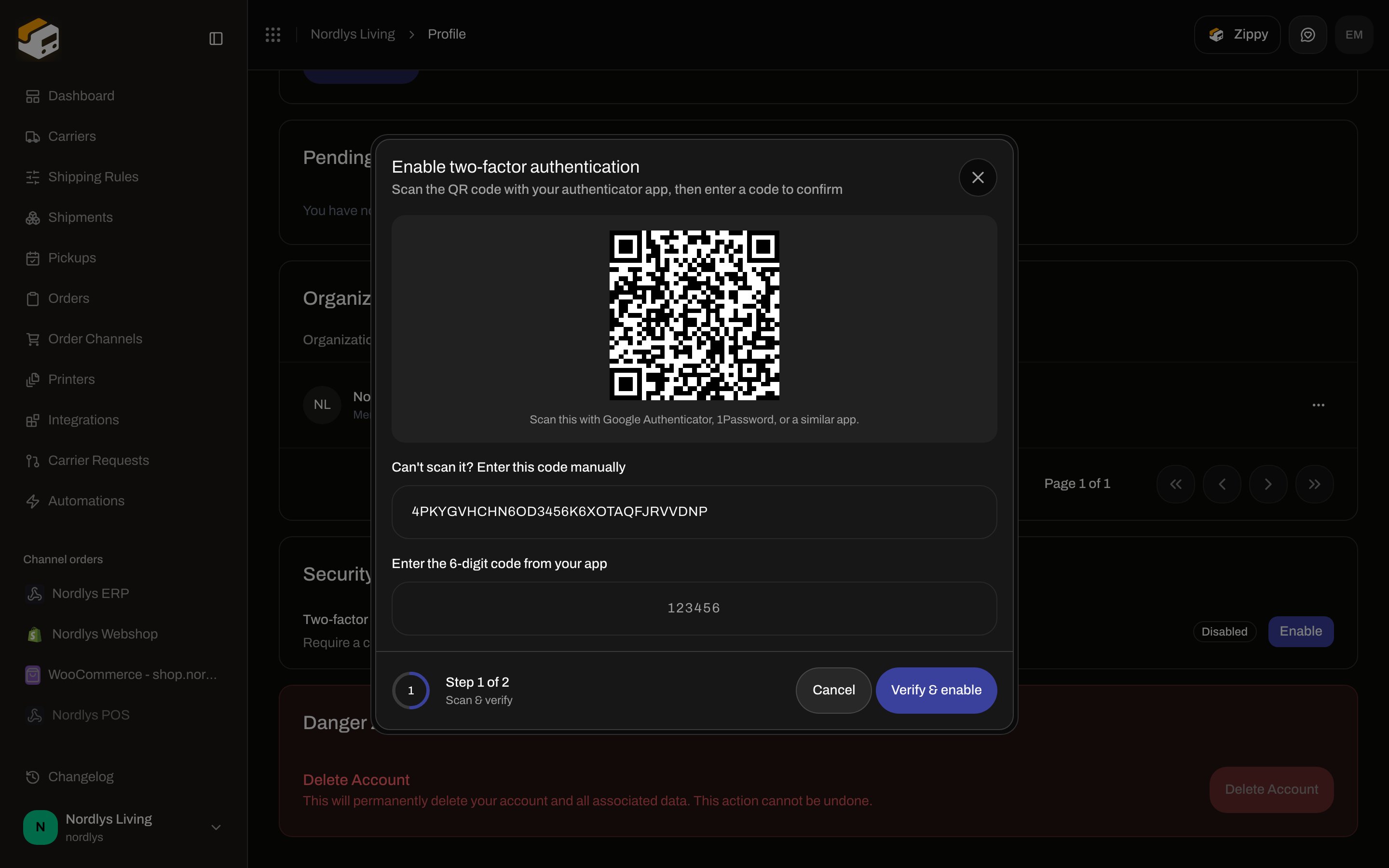 Enable two-factor authentication modal with QR code and verification field