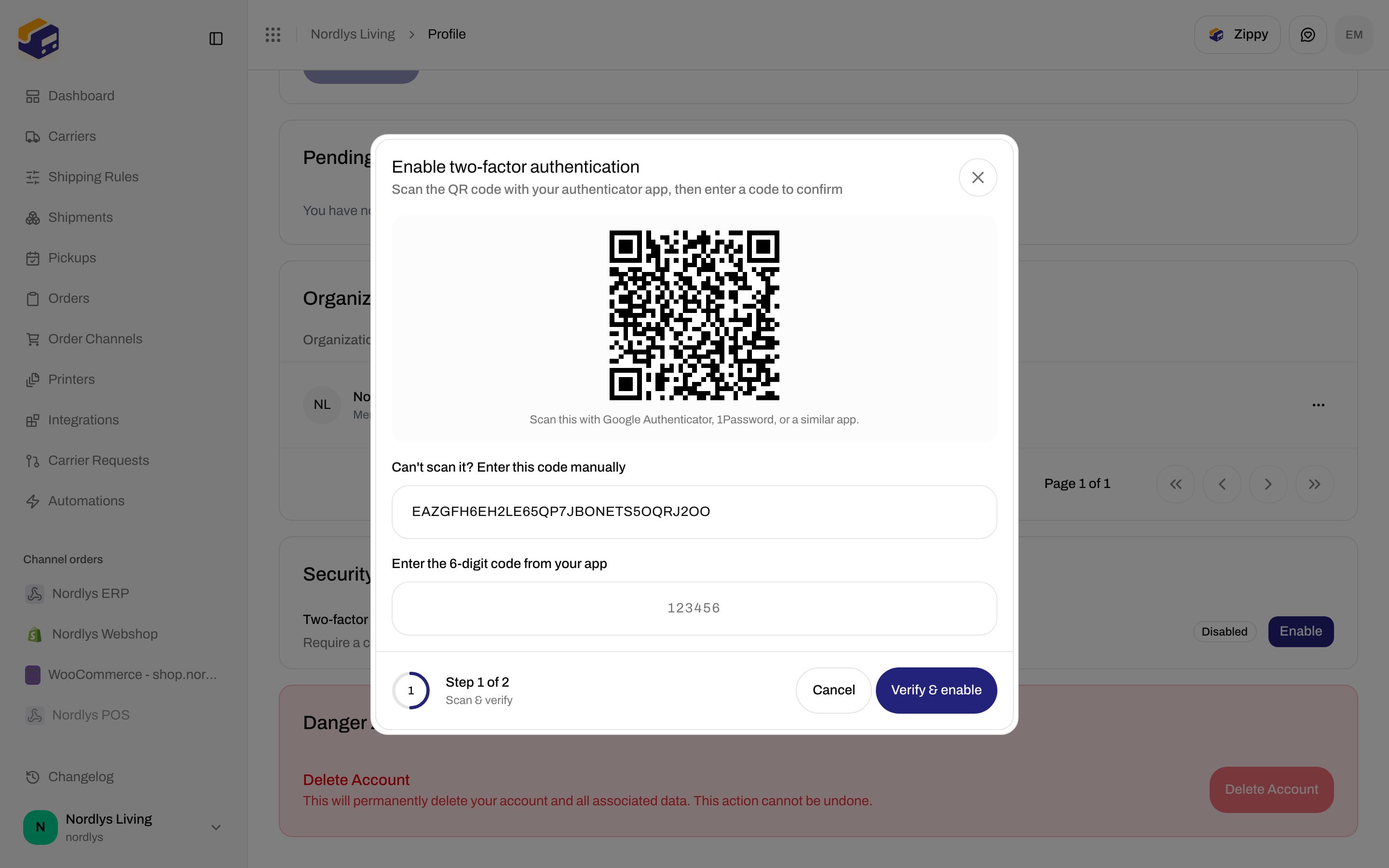 Enable two-factor authentication modal with QR code and verification field