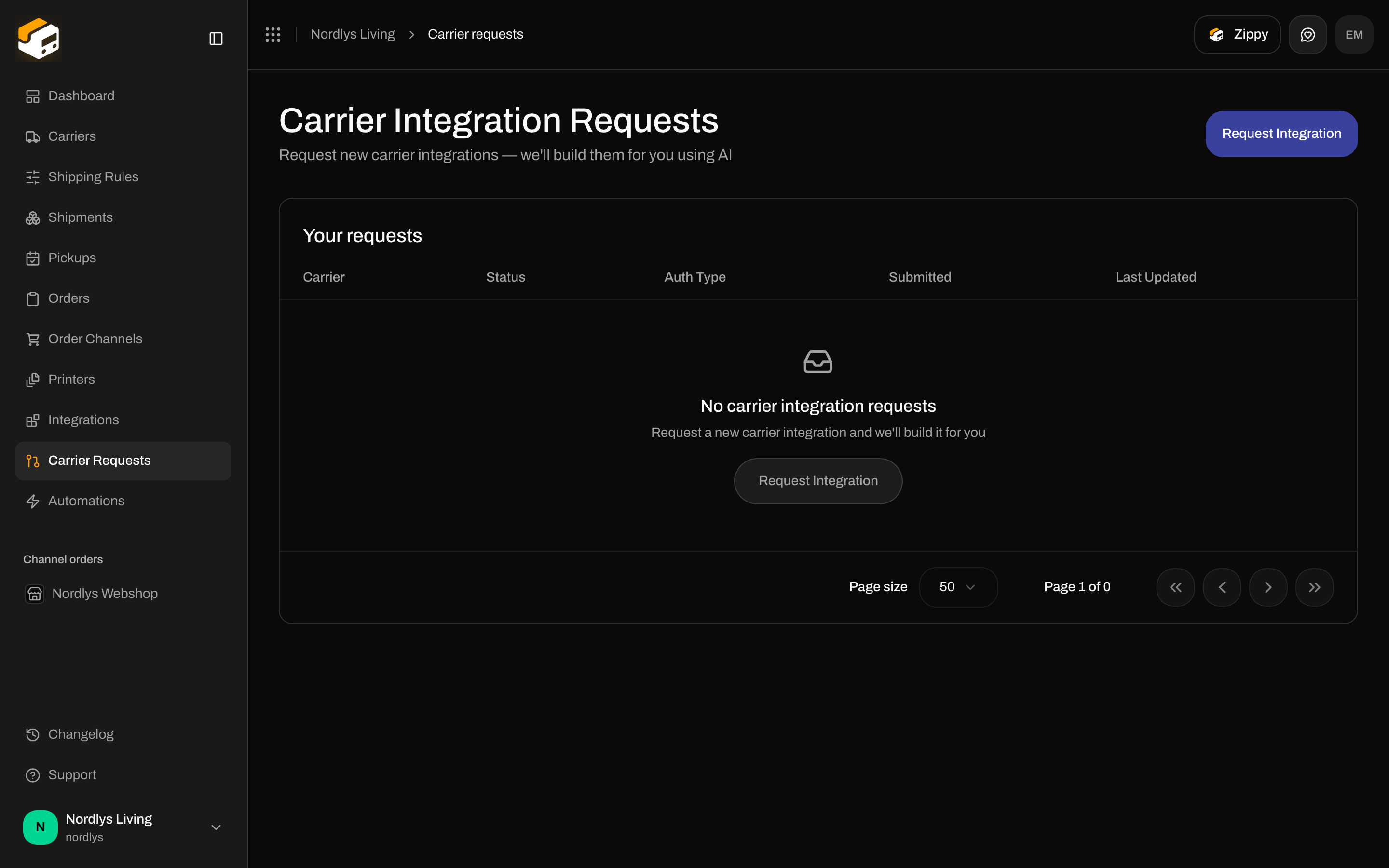 Carrier Integration Requests empty state with Request Integration in the header