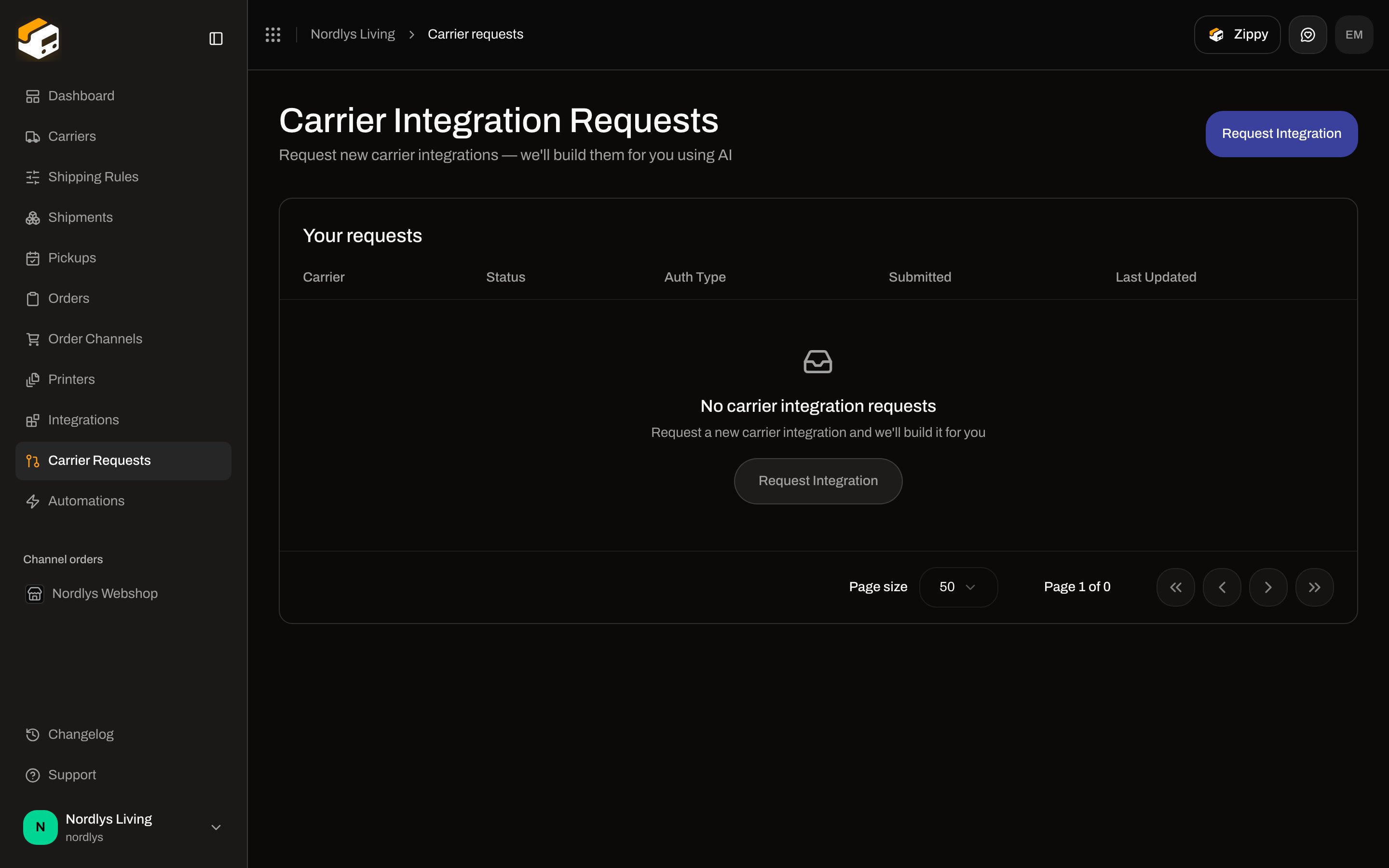 Carrier Integration Requests empty state with Request Integration in the header