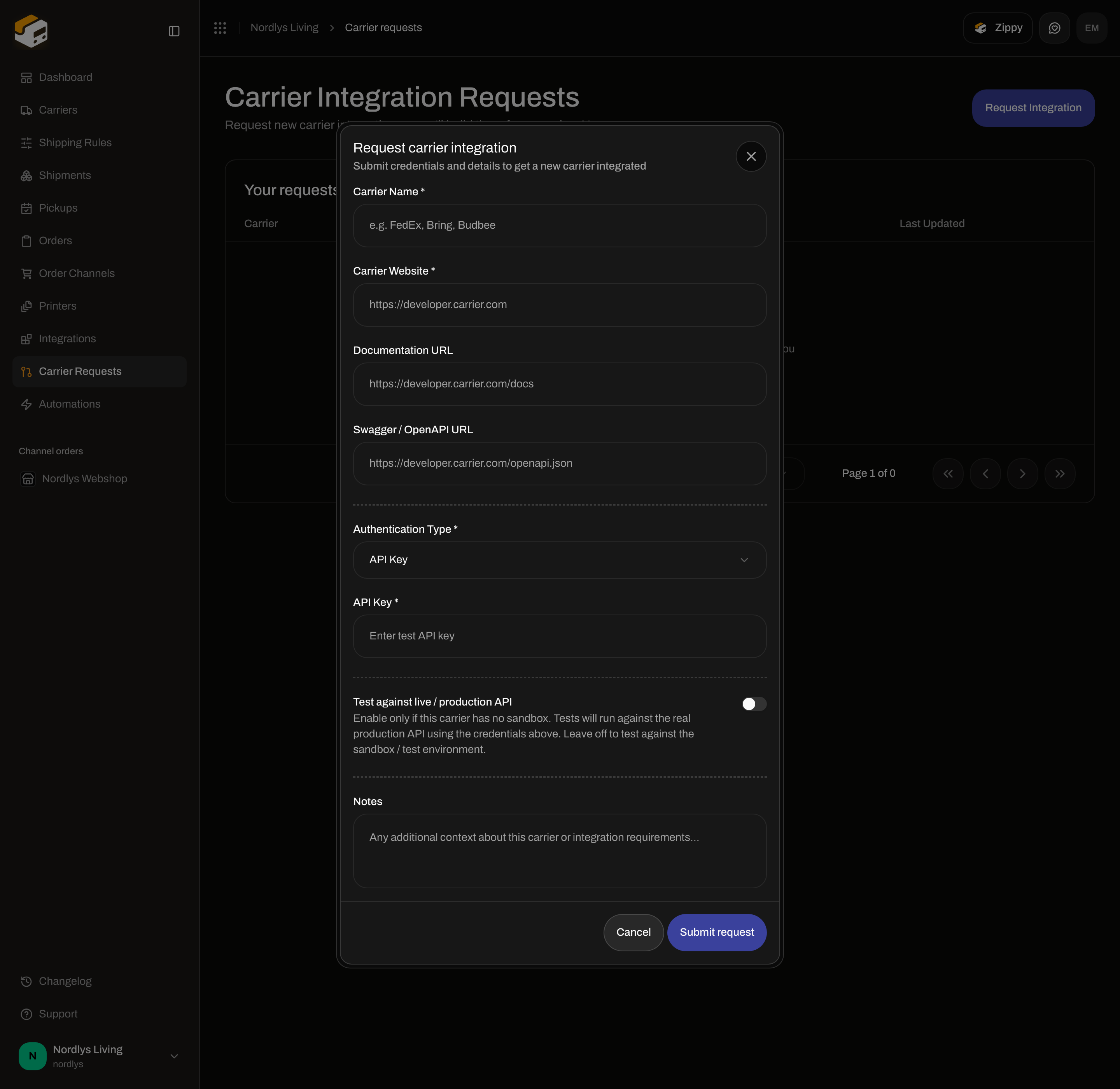 Request carrier integration modal with API Key authentication fields