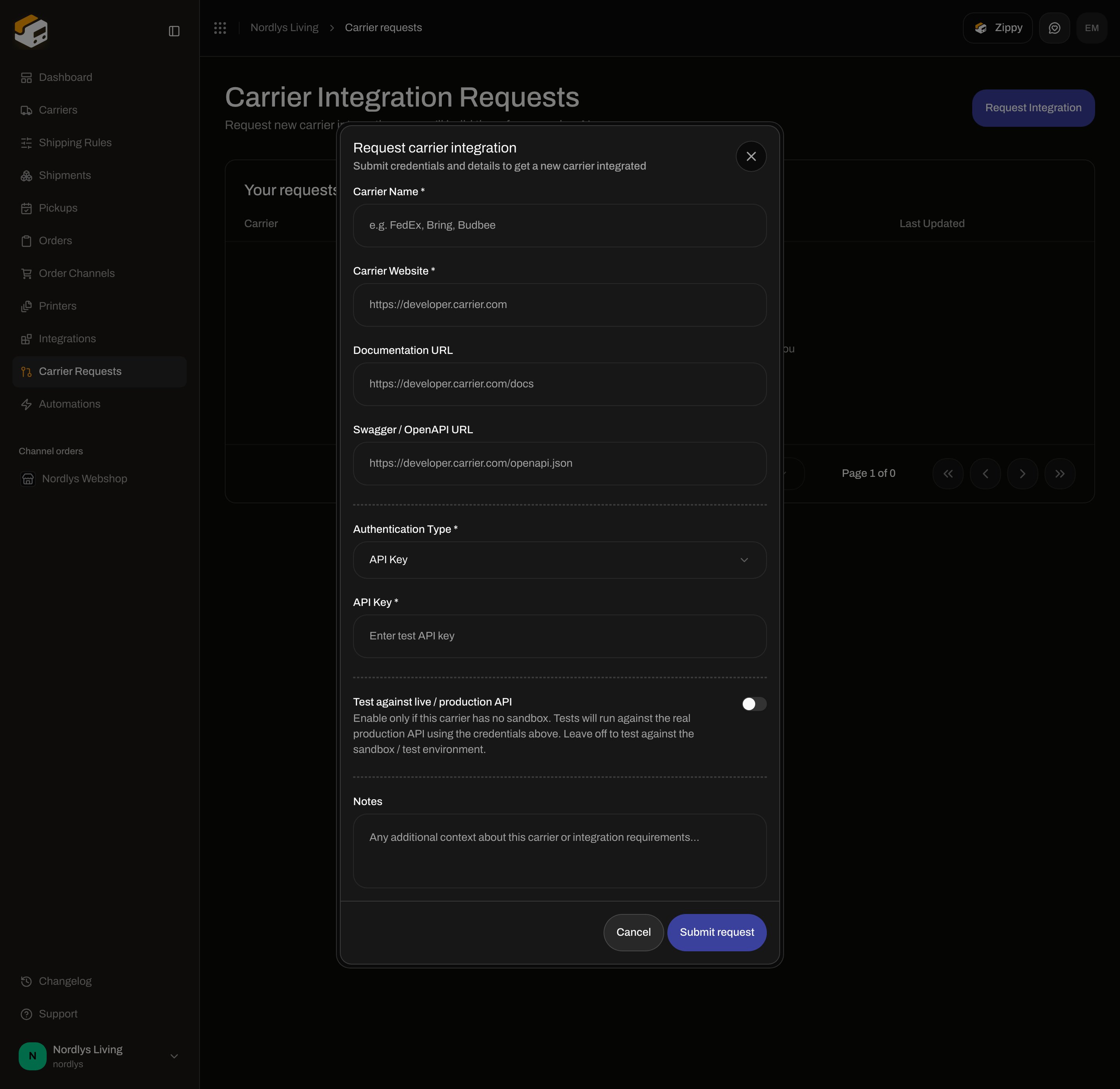 Request carrier integration modal with API Key authentication fields