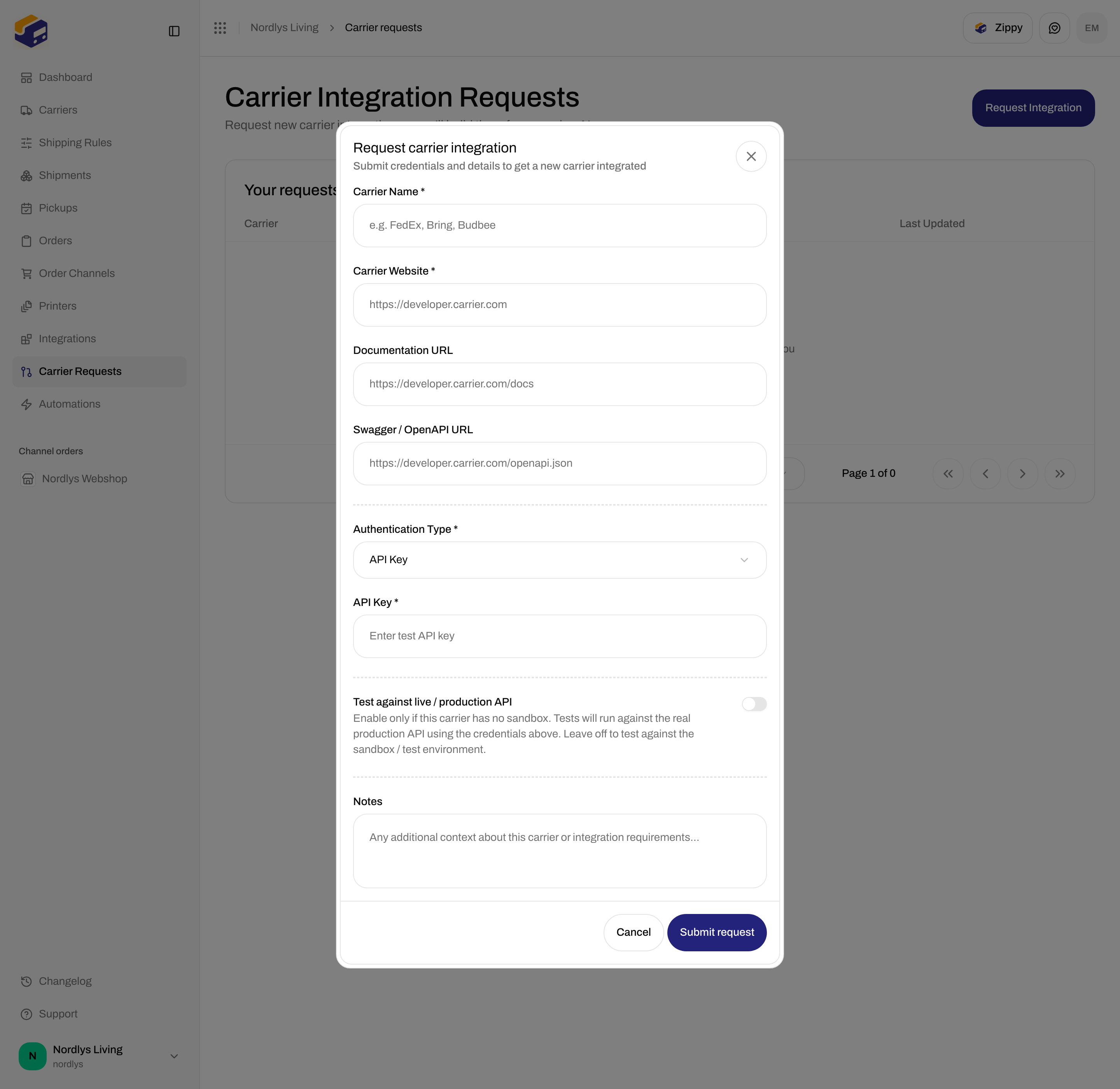 Request carrier integration modal with API Key authentication fields