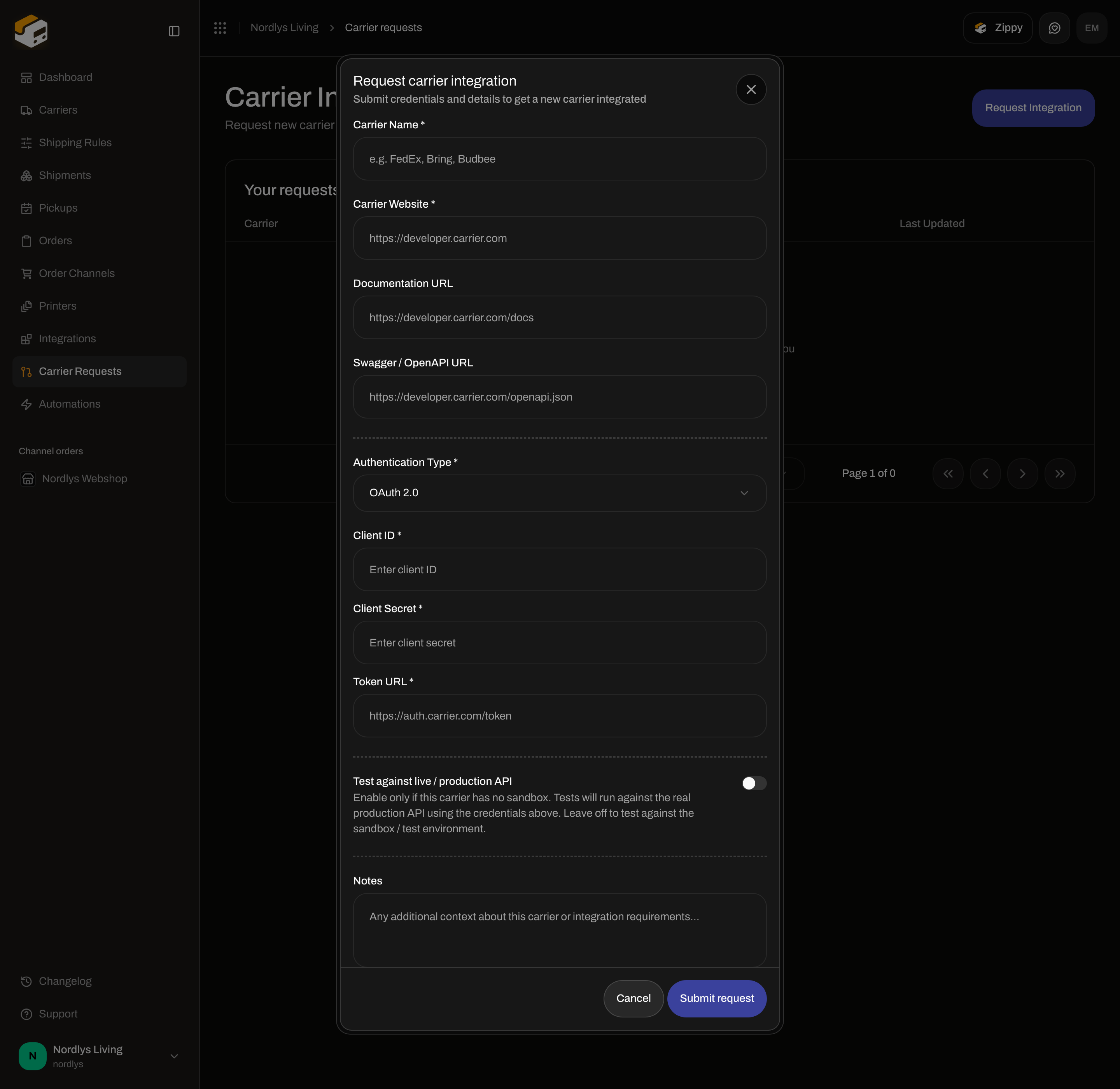 Request carrier integration with Authentication Type OAuth 2.0 and Token URL