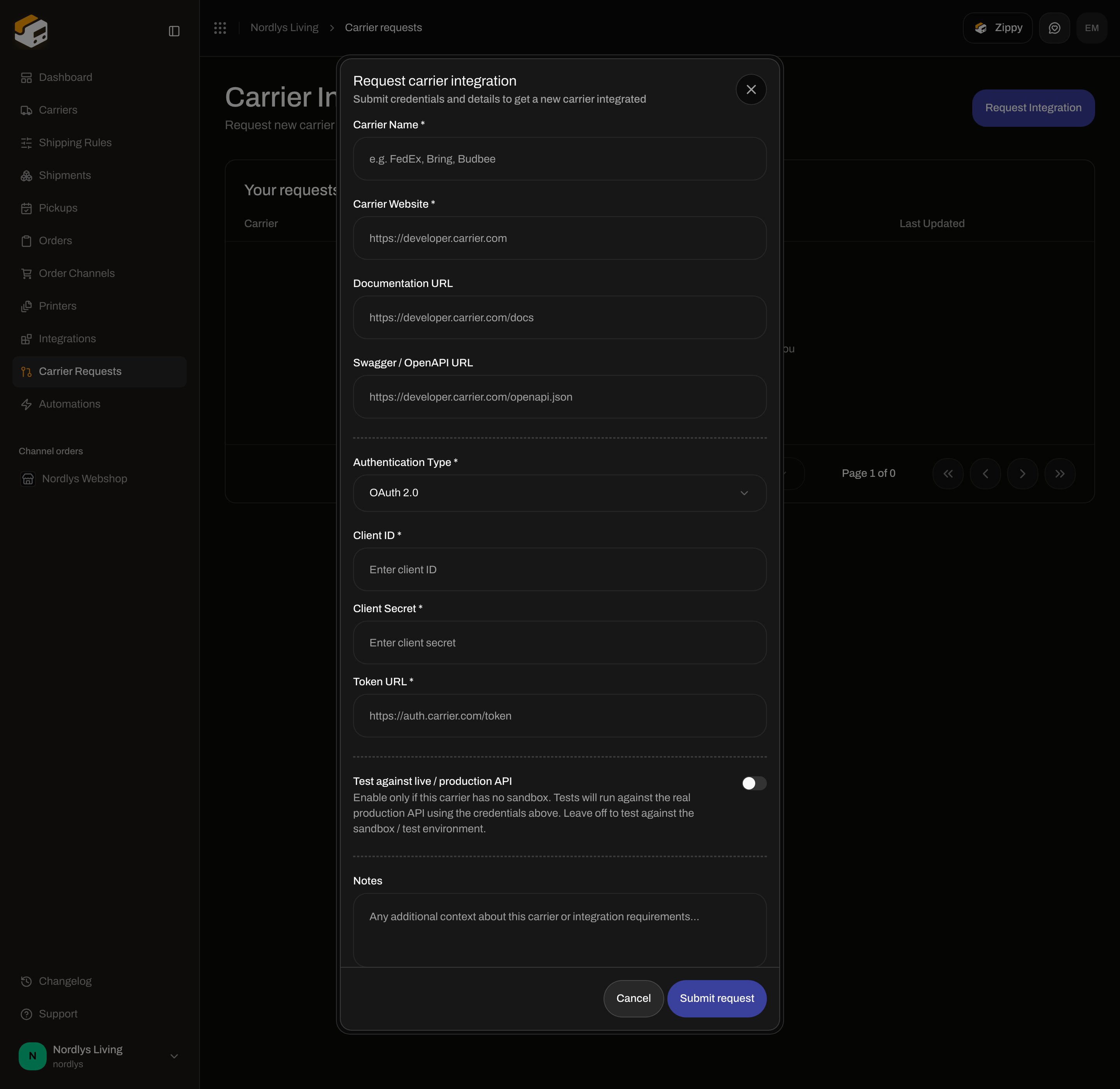 Request carrier integration with Authentication Type OAuth 2.0 and Token URL