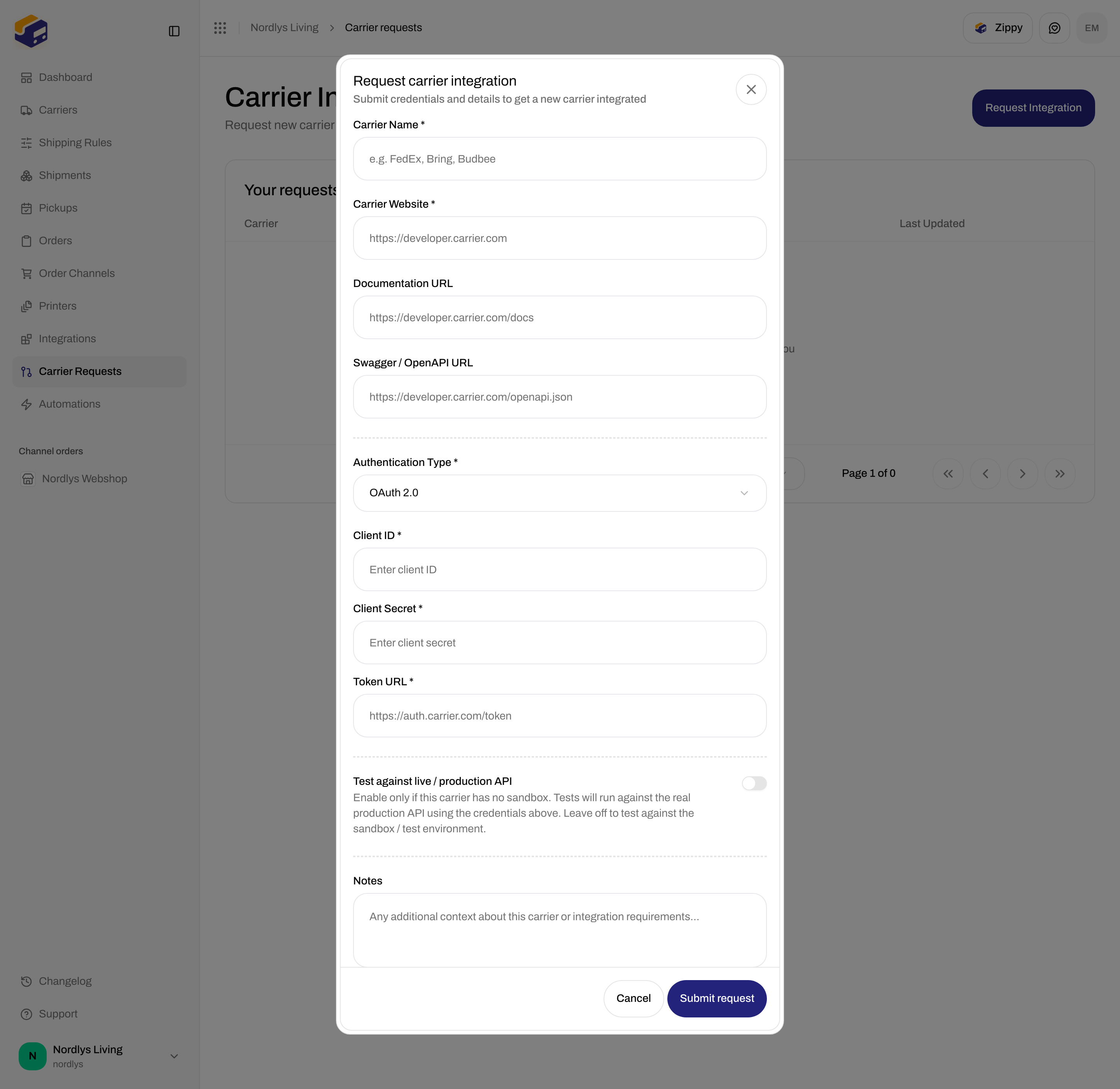 Request carrier integration with Authentication Type OAuth 2.0 and Token URL