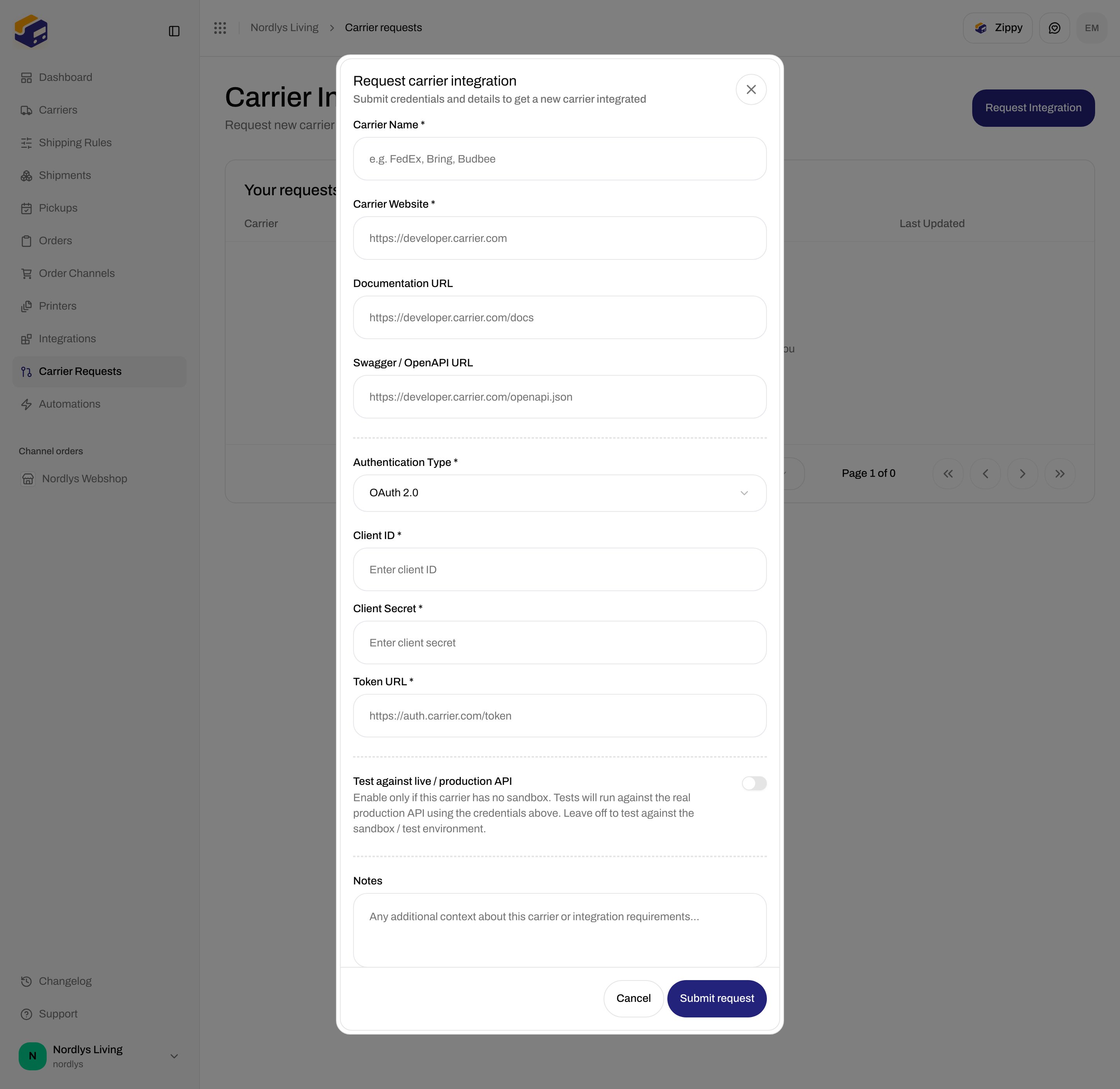 Request carrier integration with Authentication Type OAuth 2.0 and Token URL