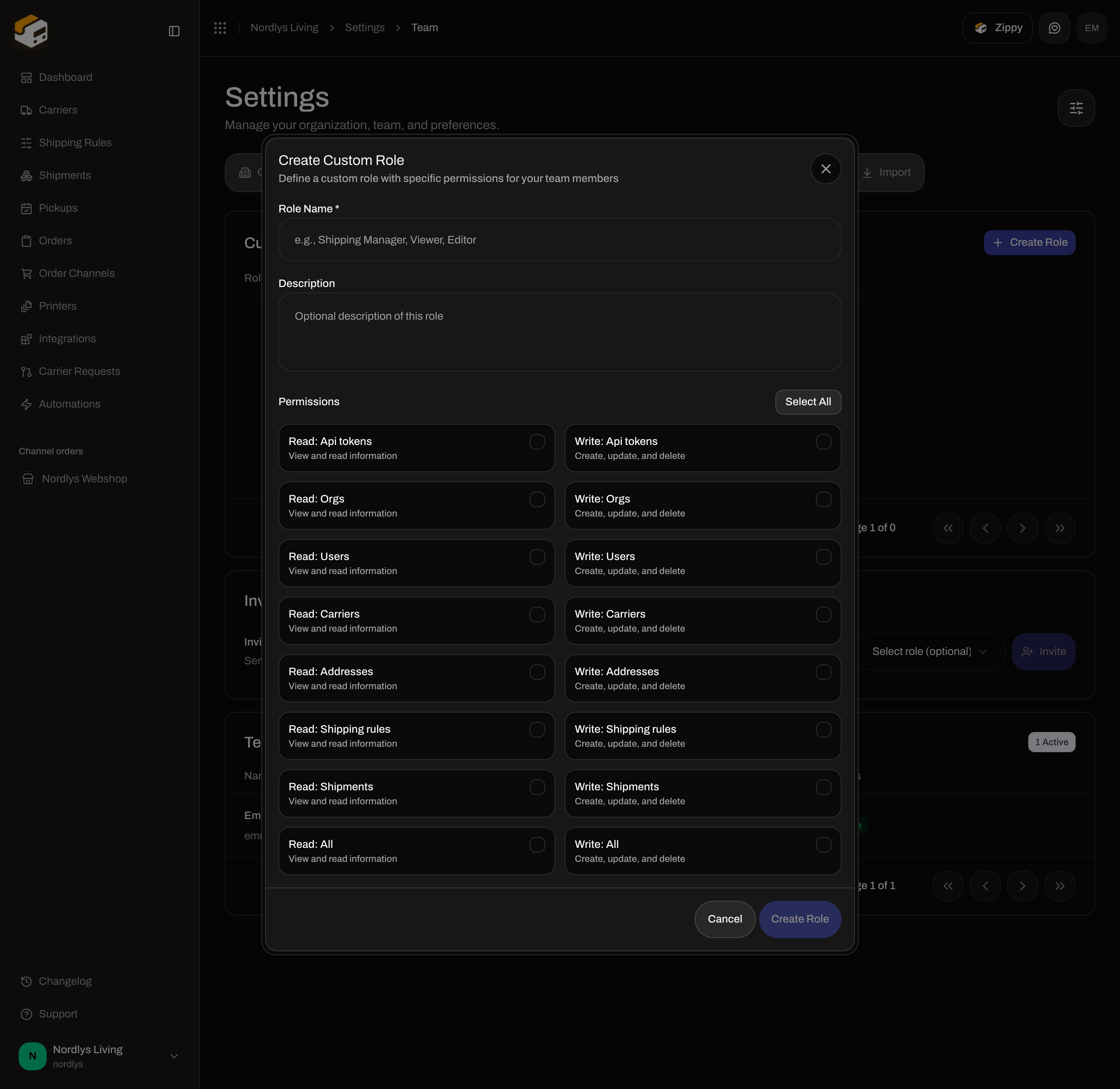 Create Custom Role dialog with Role Name, Description, Select All, and permission checkboxes