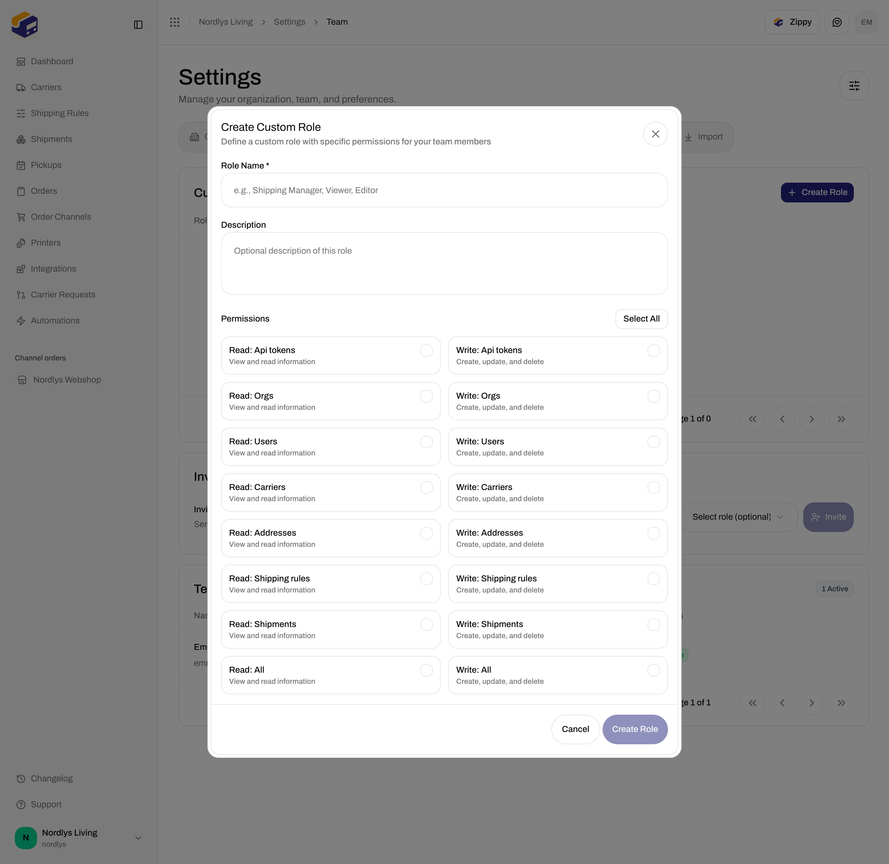 Create Custom Role dialog with Role Name, Description, Select All, and permission checkboxes