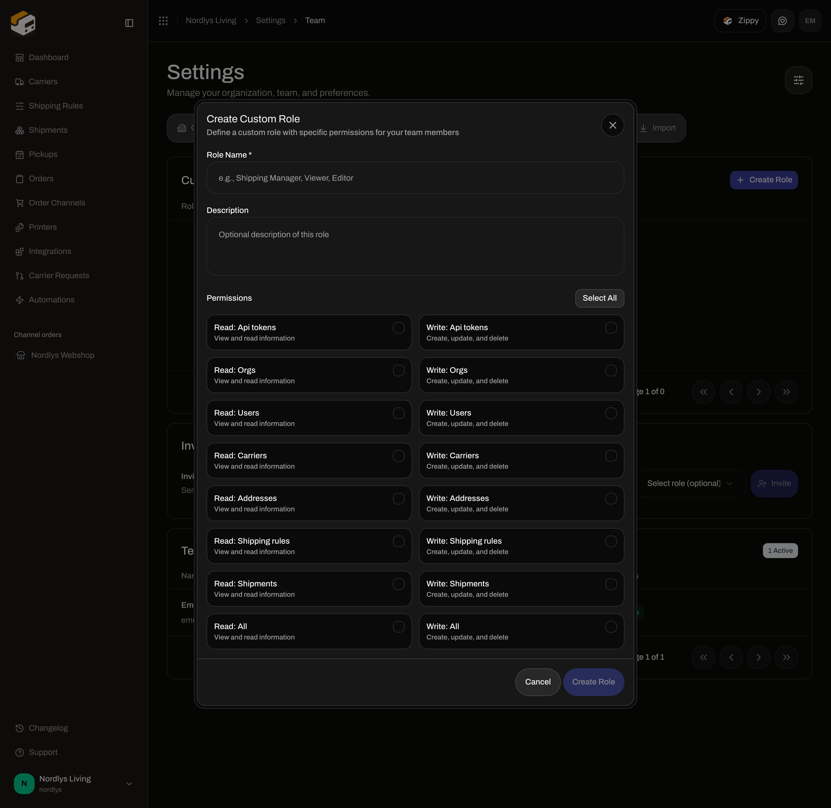 Create Custom Role scrolled to Read/Write Shipping rules, Shipments, and All