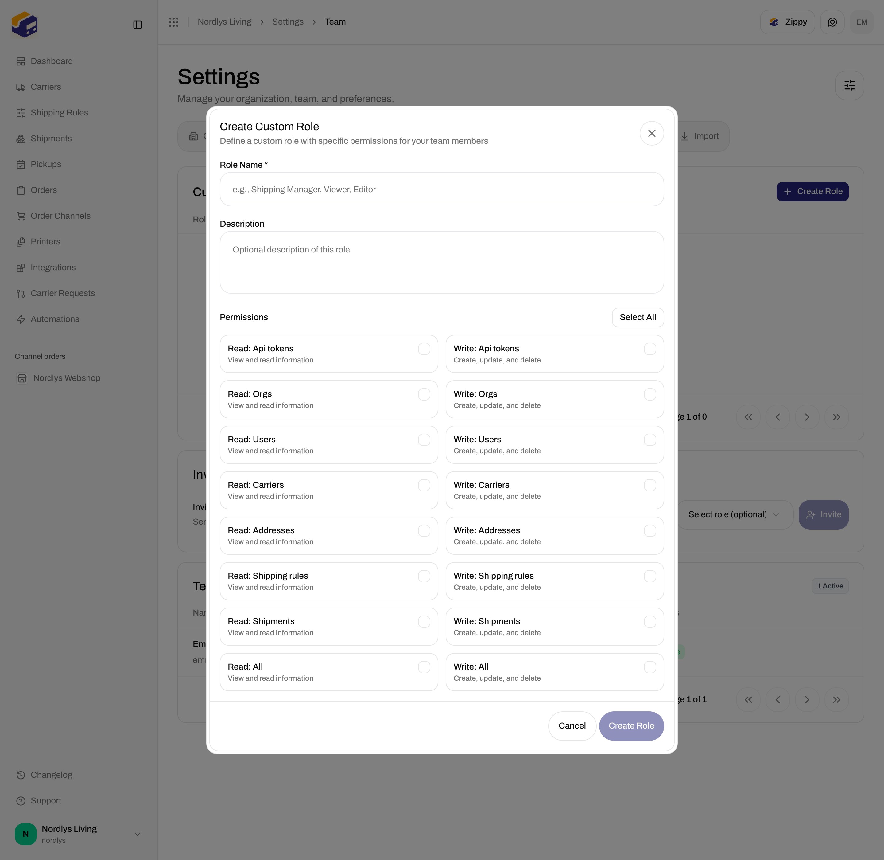 Create Custom Role scrolled to Read/Write Shipping rules, Shipments, and All