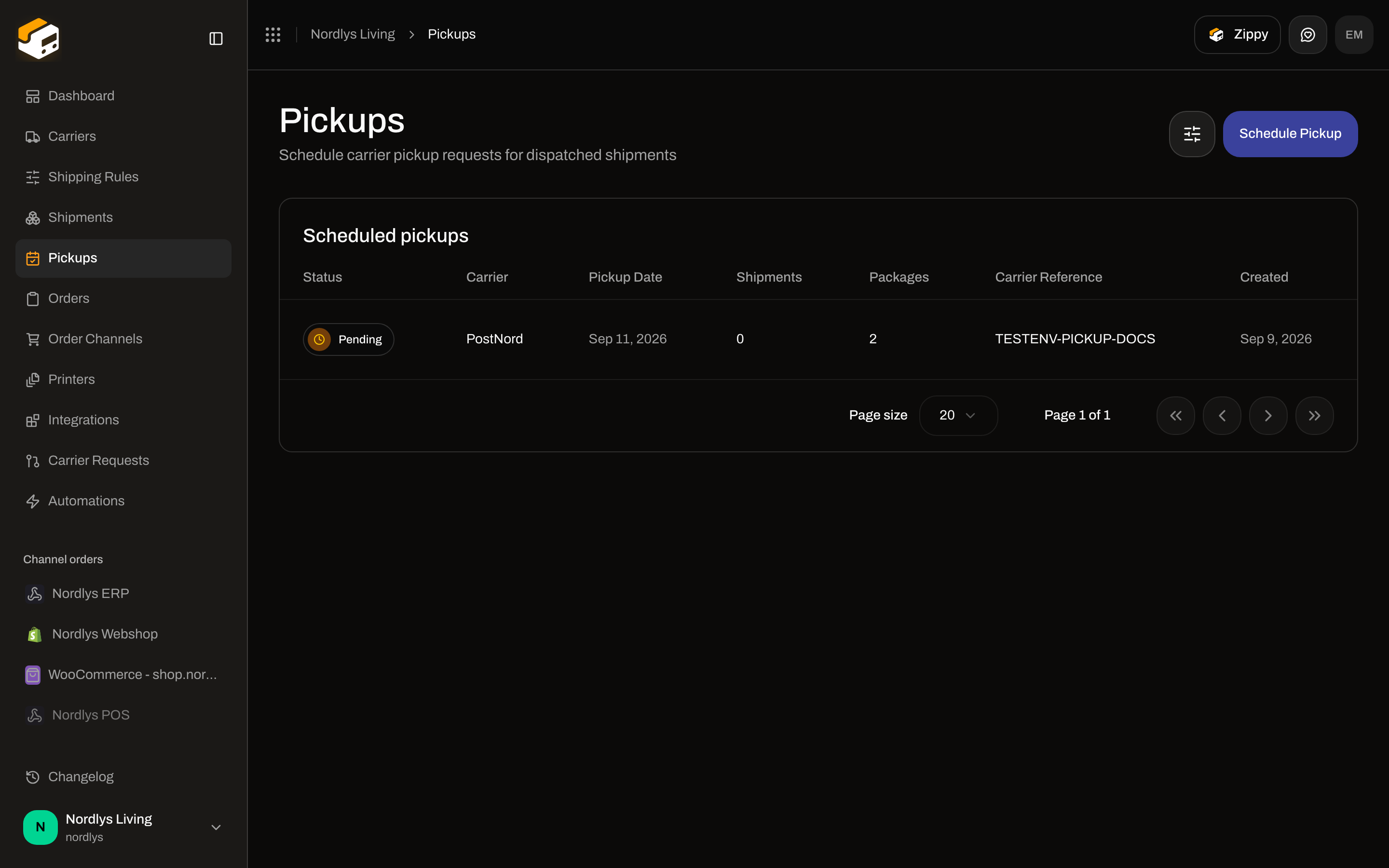 Pickups list with a scheduled PostNord pickup row