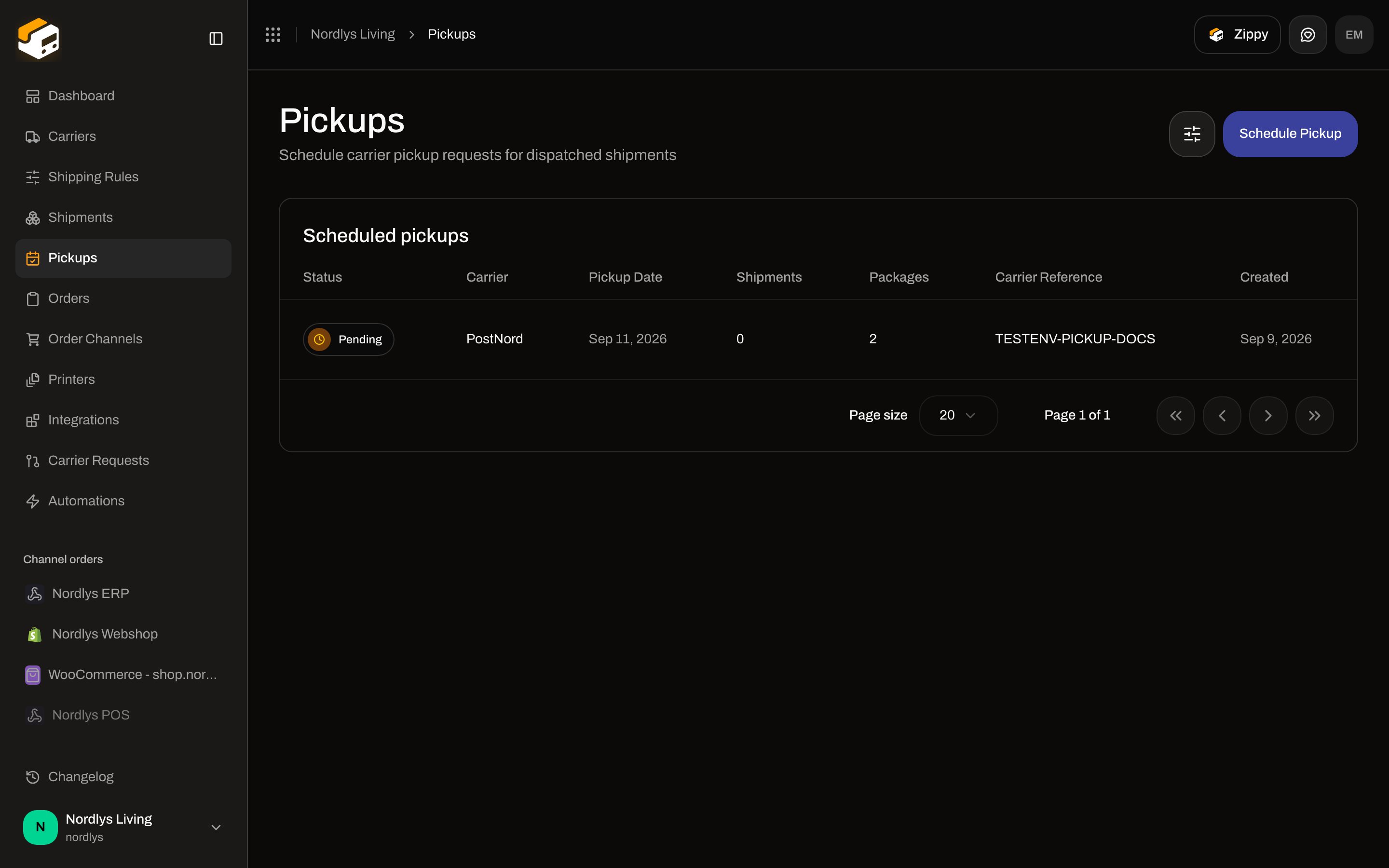 Pickups list with a scheduled PostNord pickup row