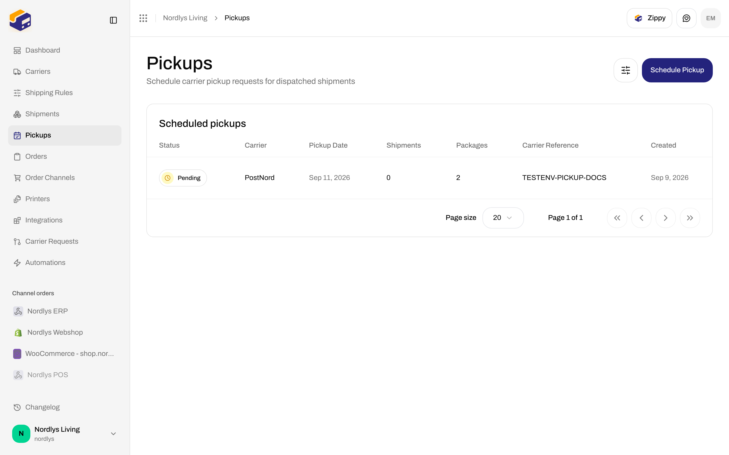 Pickups list with a scheduled PostNord pickup row