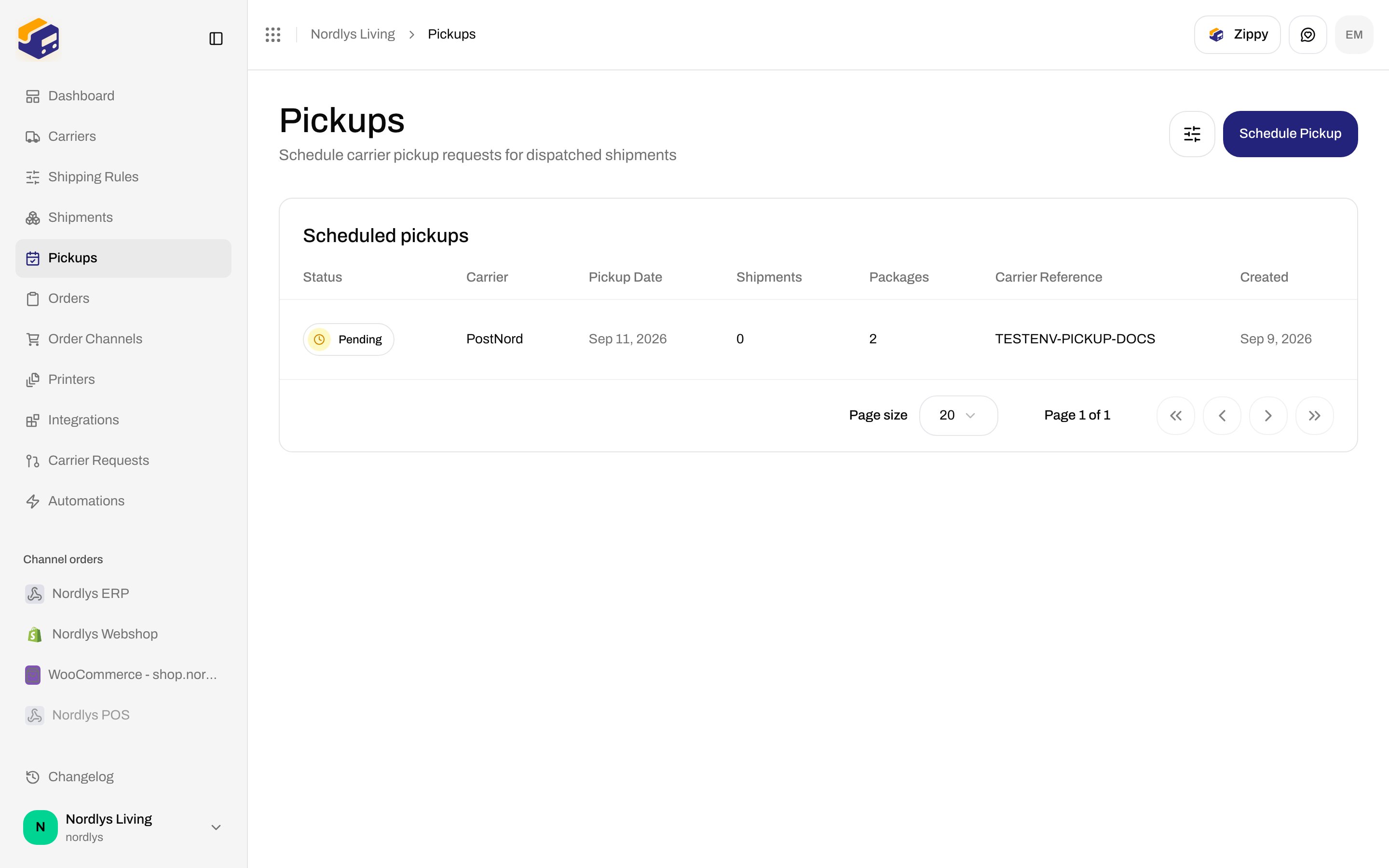 Pickups list with a scheduled PostNord pickup row