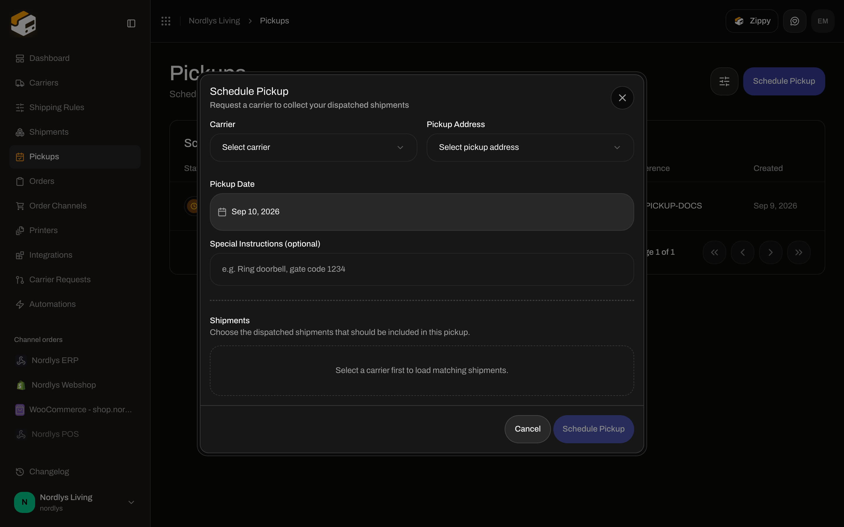Schedule Pickup dialog with carrier, address, date, and shipments section