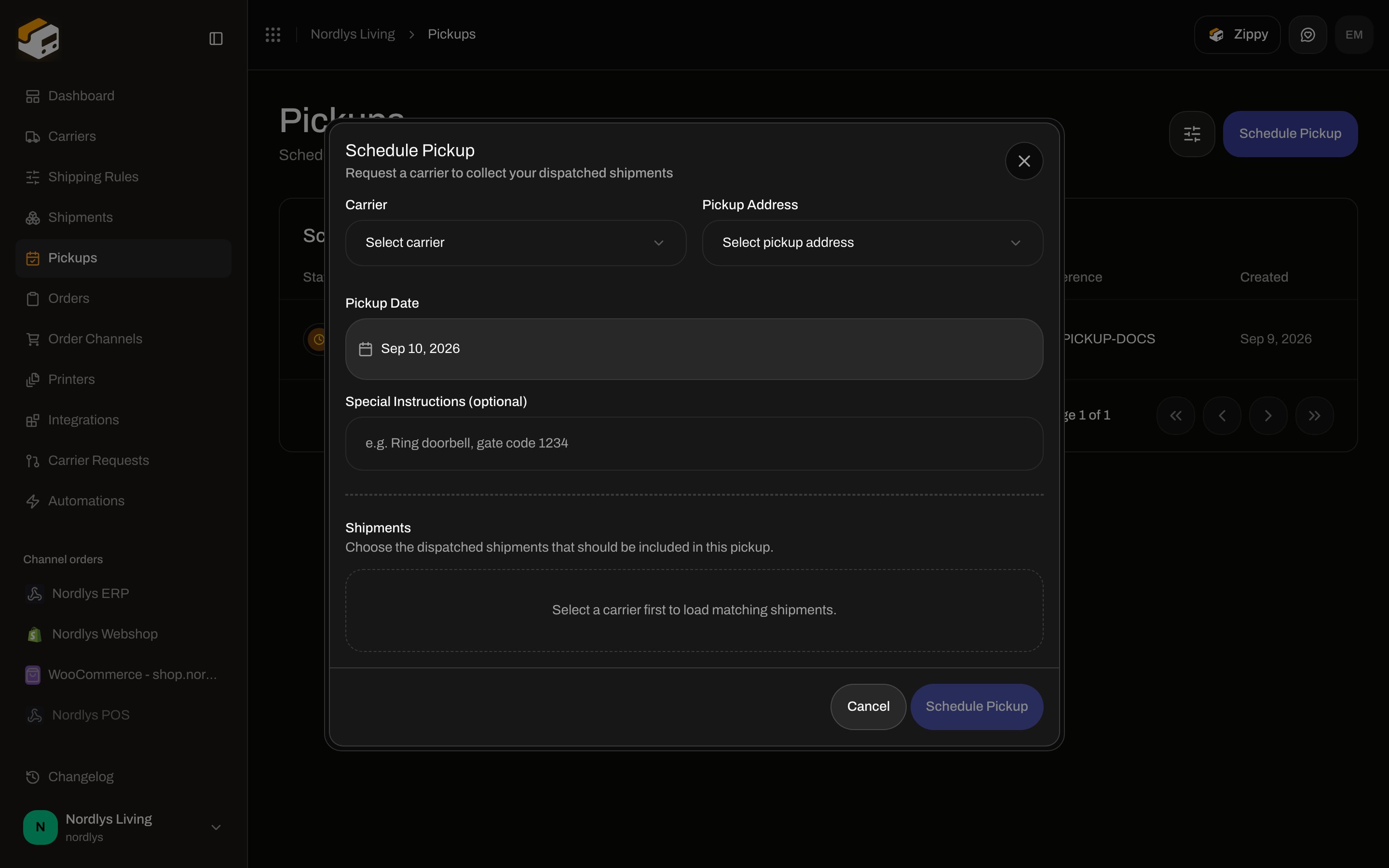 Schedule Pickup dialog with carrier, address, date, and shipments section