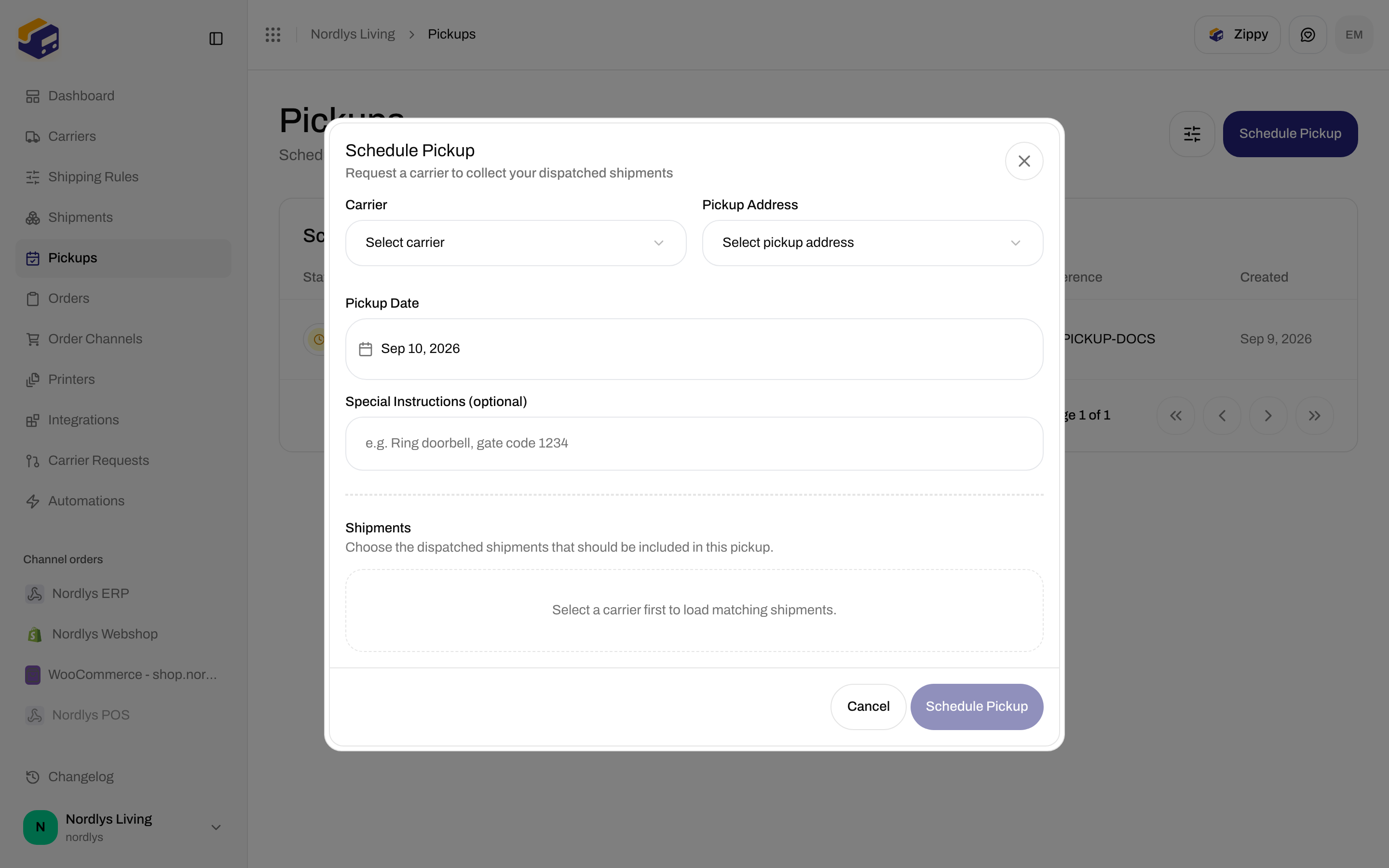 Schedule Pickup dialog with carrier, address, date, and shipments section
