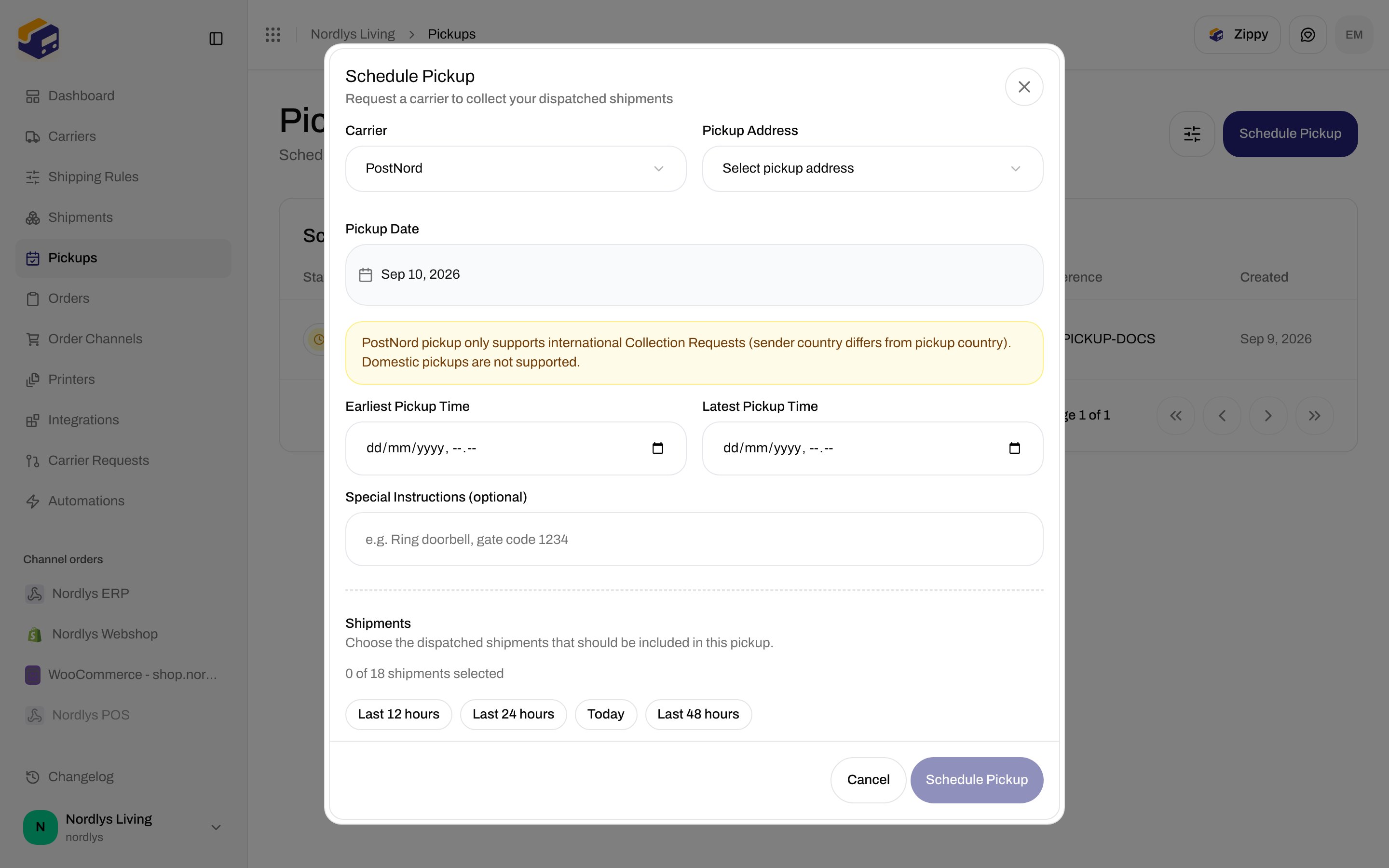 Schedule Pickup with PostNord notice and Earliest Pickup Time and Latest Pickup Time fields