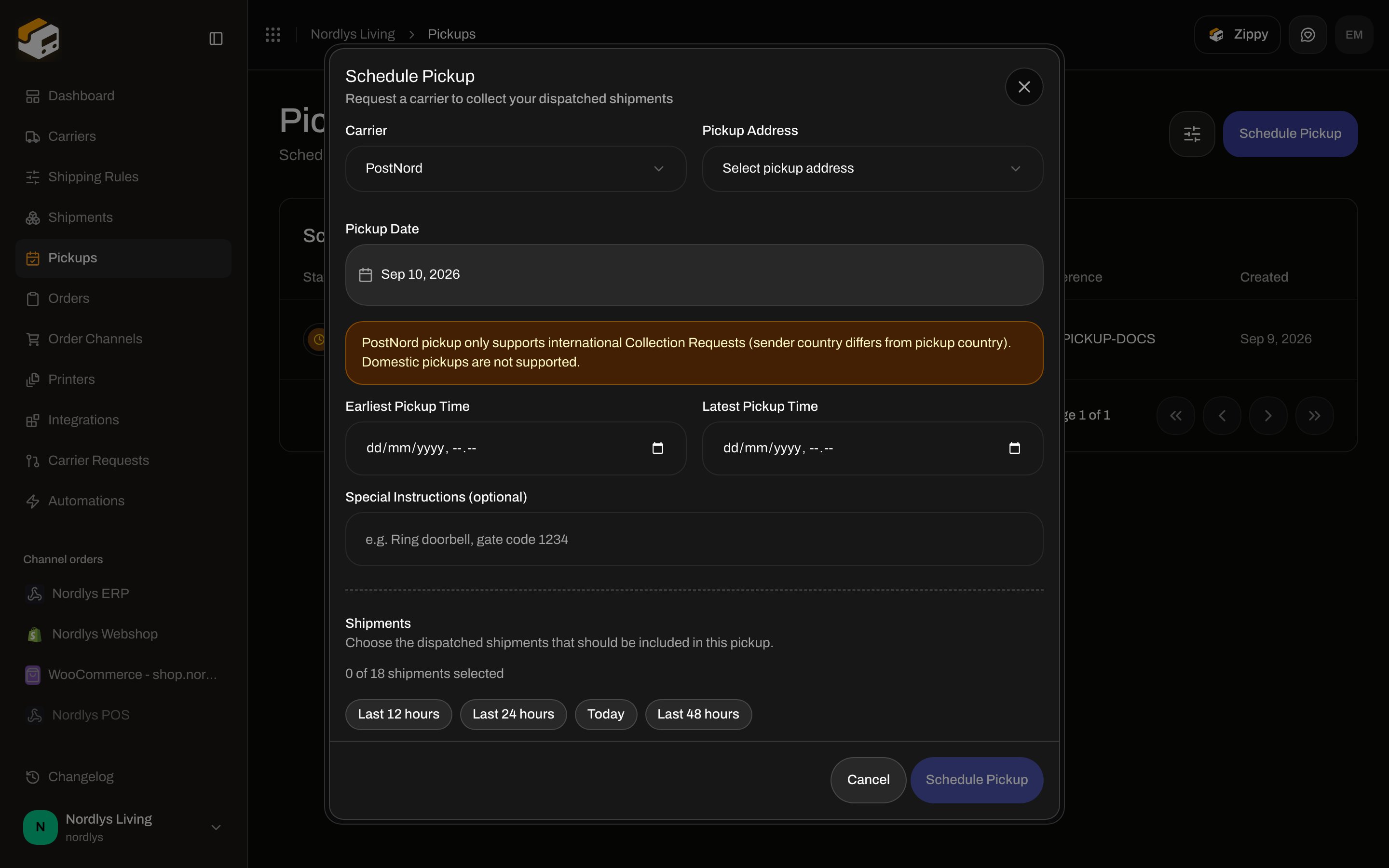 Schedule Pickup shipments list with Last 12 hours presets and dispatched shipment rows