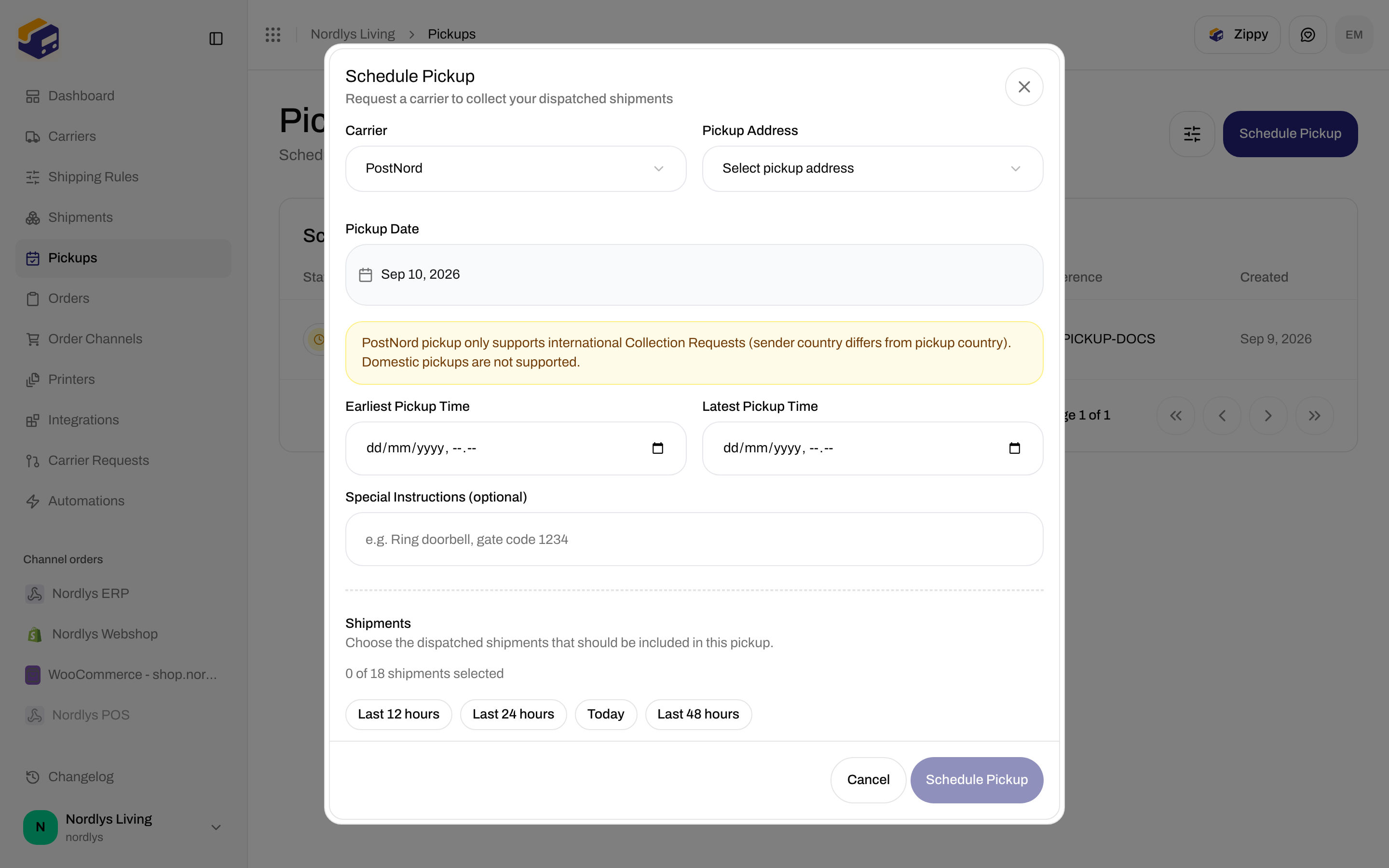 Schedule Pickup shipments list with Last 12 hours presets and dispatched shipment rows