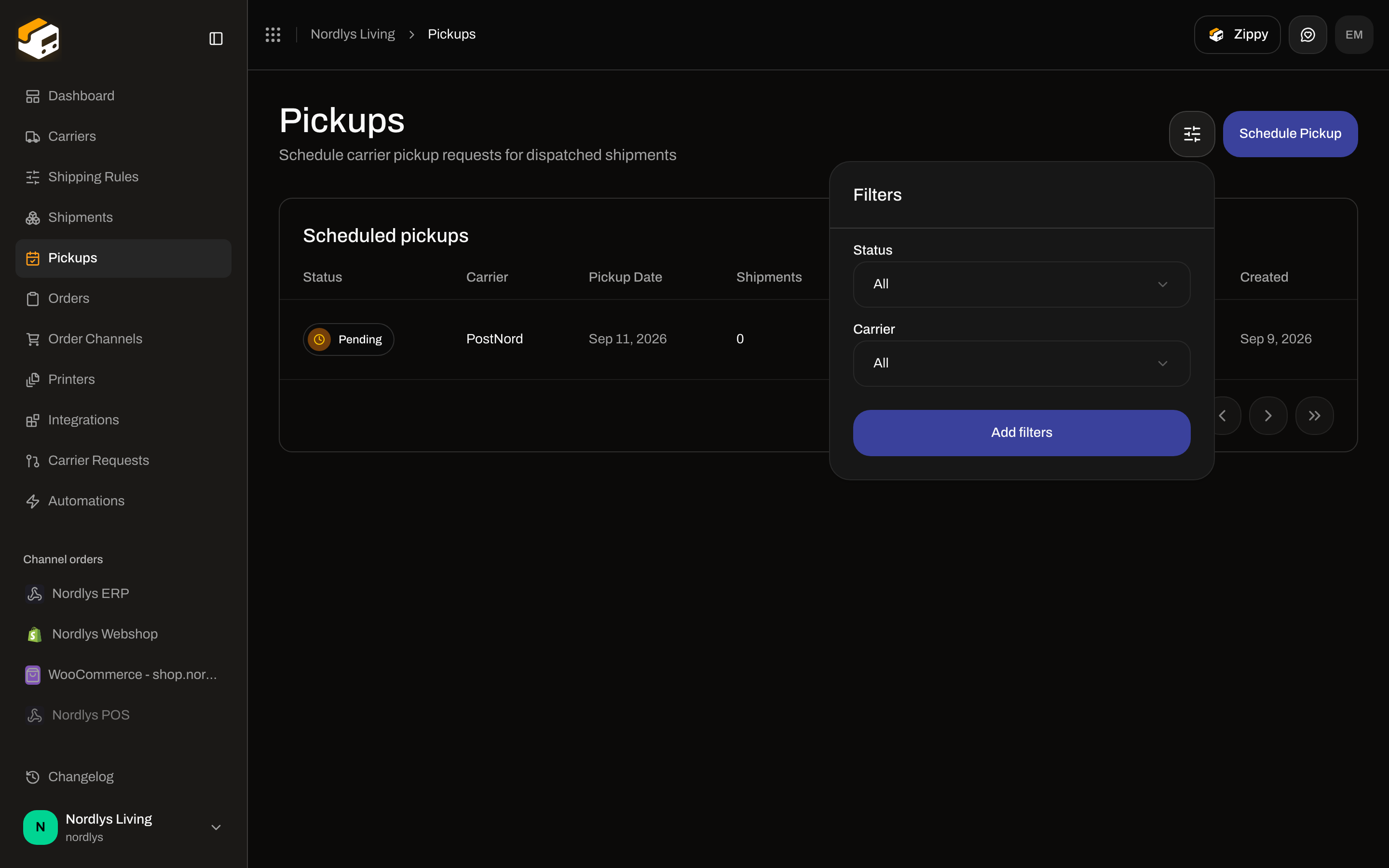 Pickups filter popover with Status and Carrier