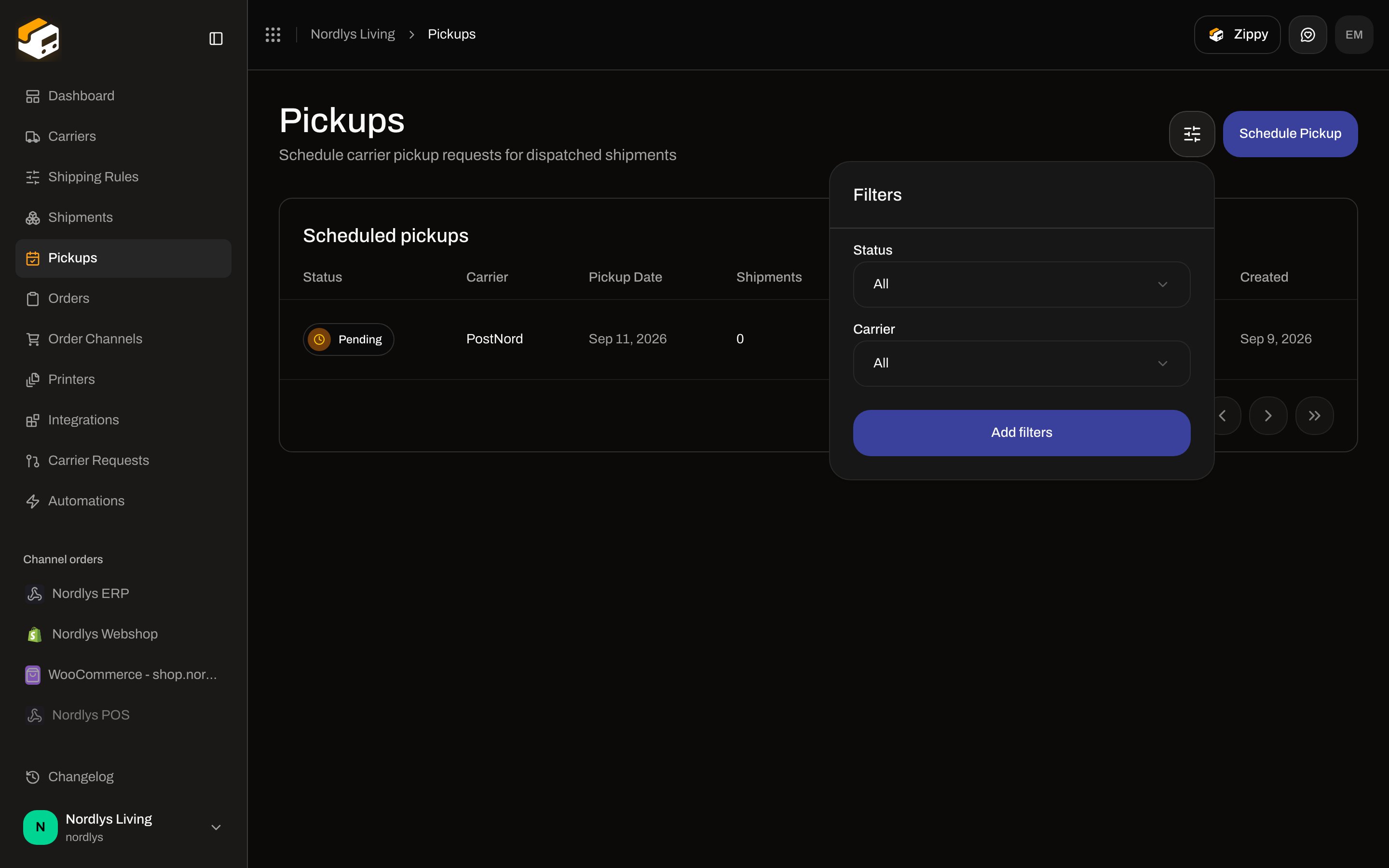 Pickups filter popover with Status and Carrier