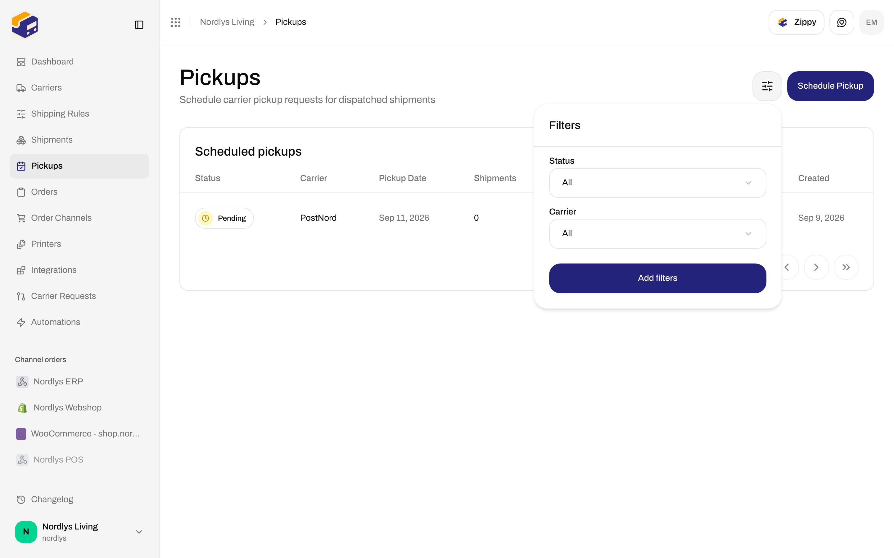 Pickups filter popover with Status and Carrier