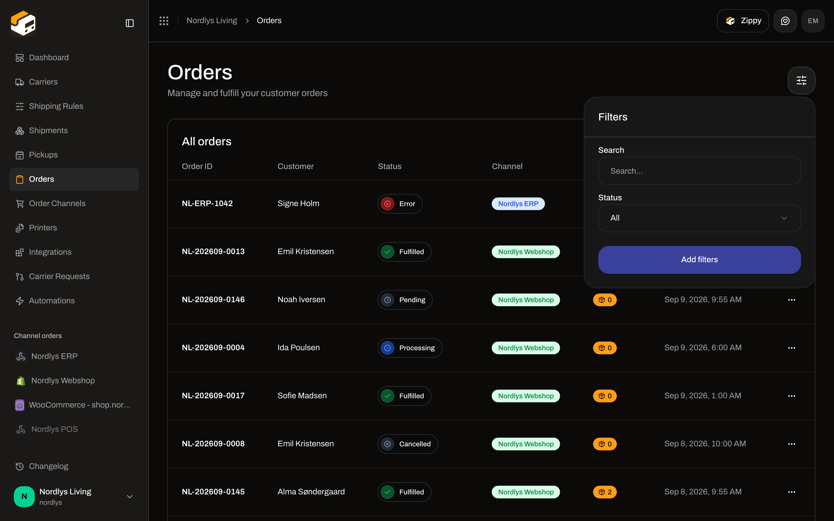 Orders Filters popover with Search placeholder Search and Status All