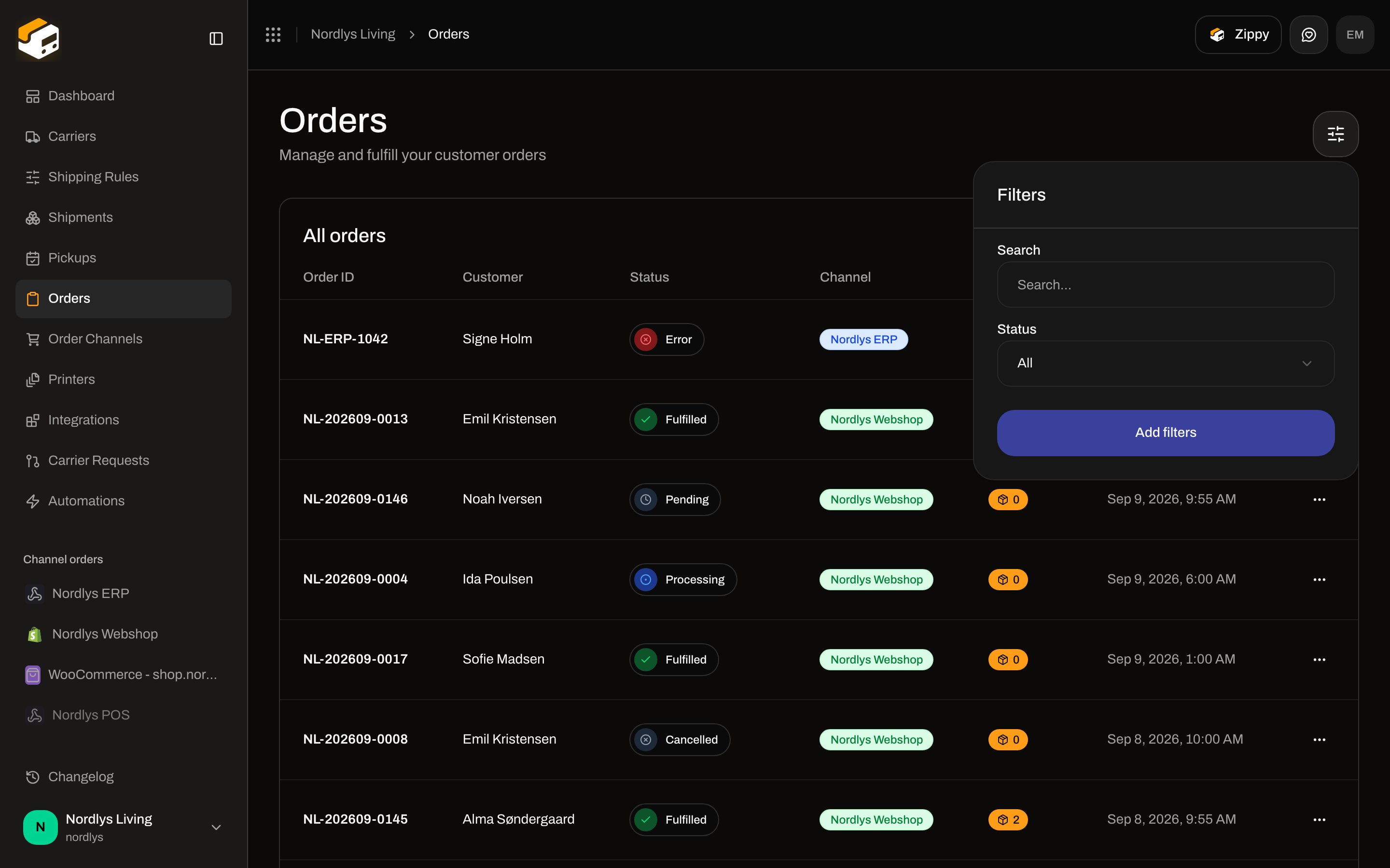 Orders Filters popover with Search placeholder Search and Status All