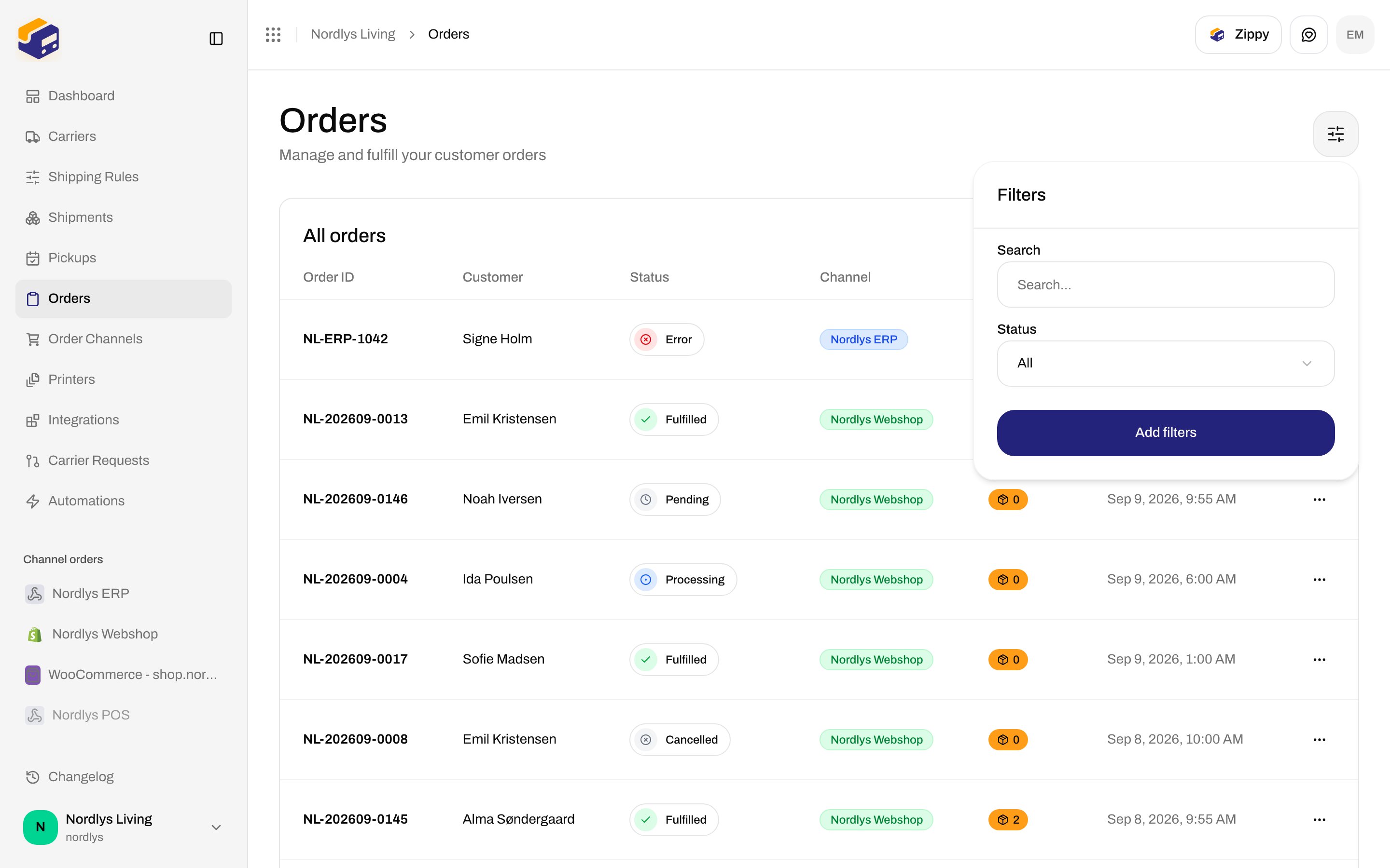 Orders Filters popover with Search placeholder Search and Status All
