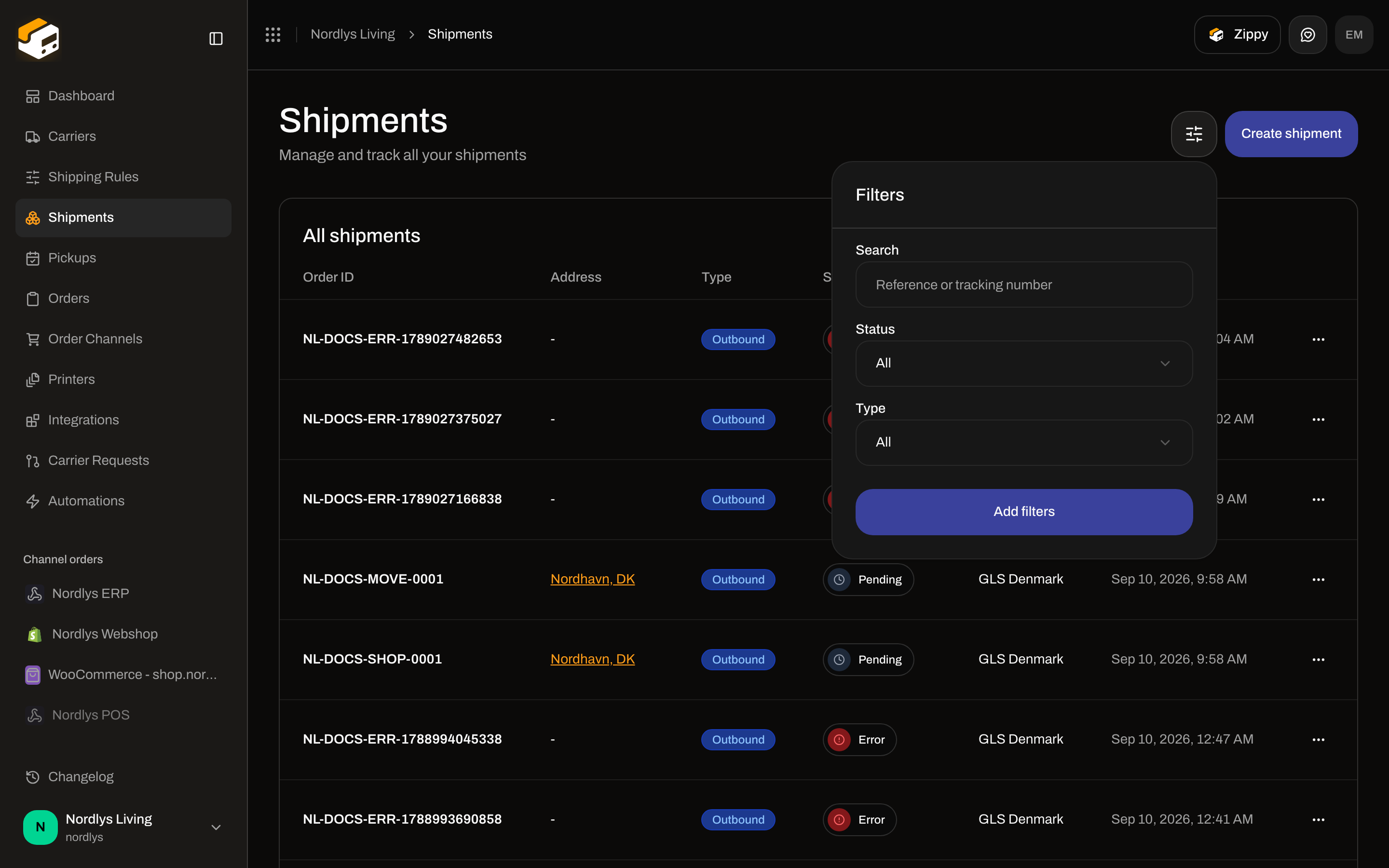Shipments Filters popover with Reference or tracking number, Status, and Type
