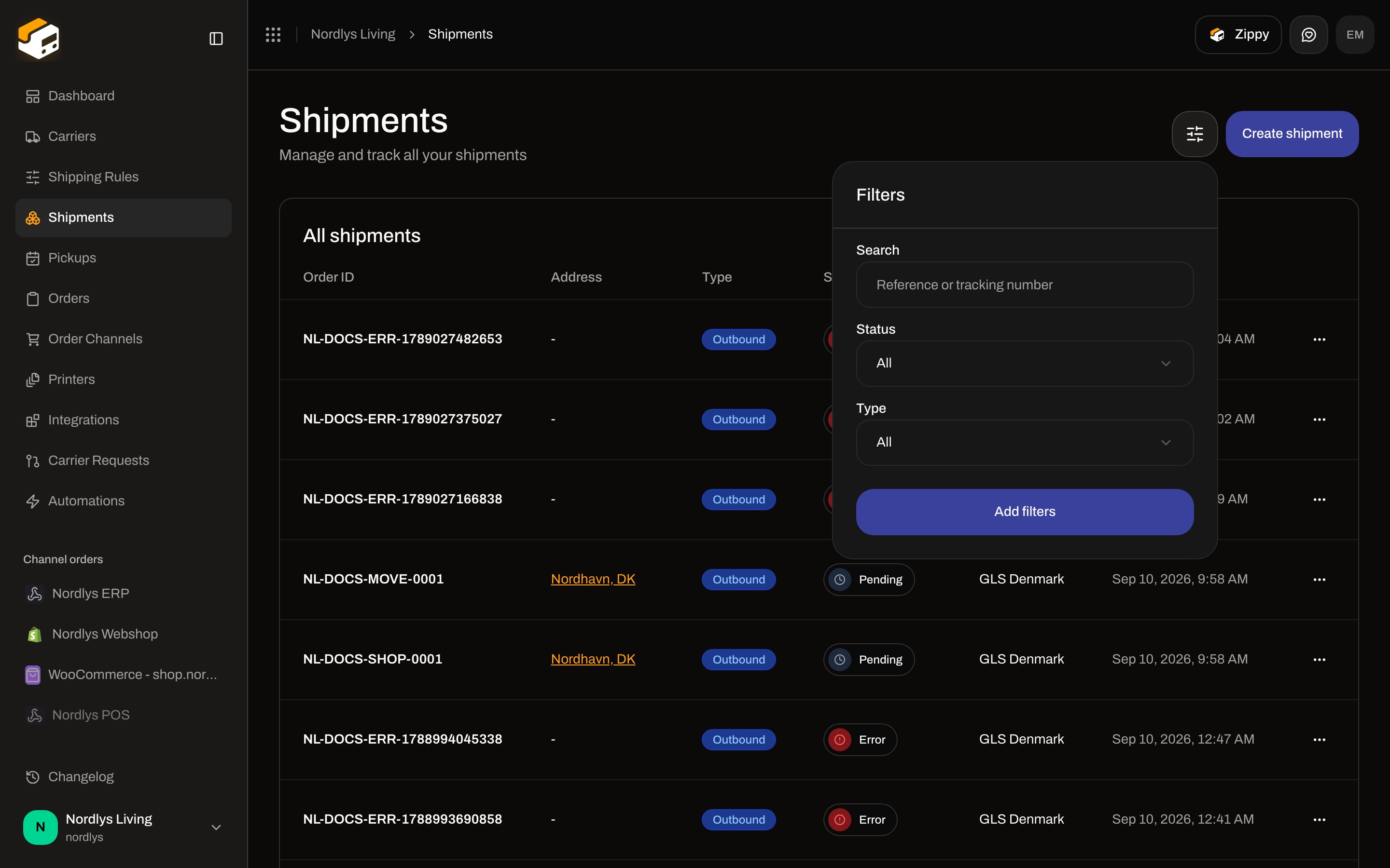 Shipments Filters popover with Reference or tracking number, Status, and Type