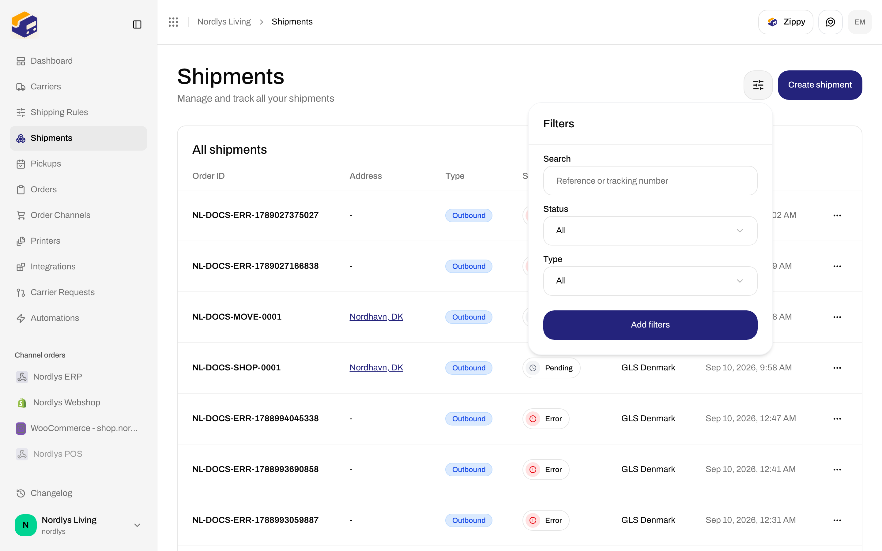 Shipments Filters popover with Reference or tracking number, Status, and Type