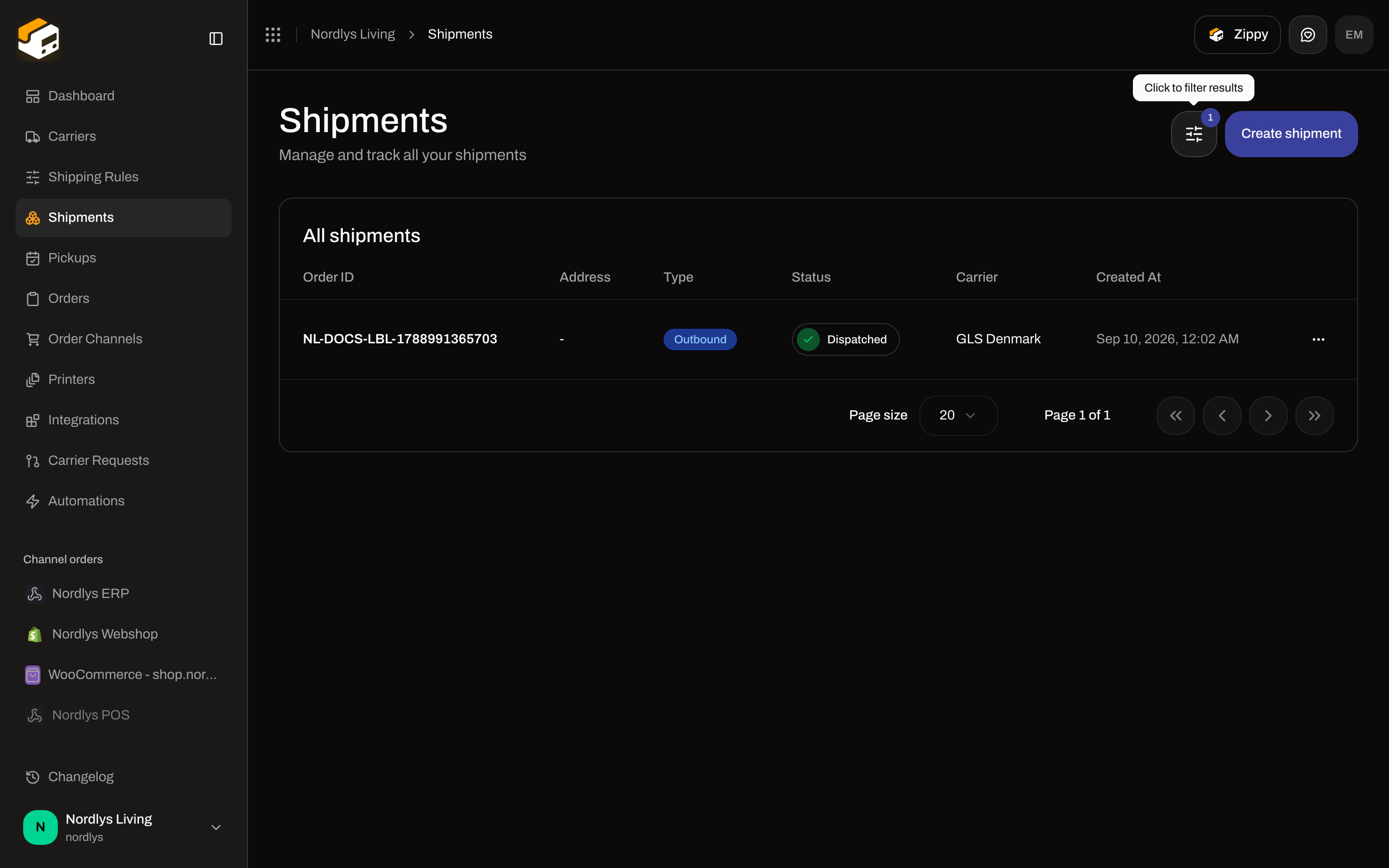 Shipments list after applying a Reference or tracking number search